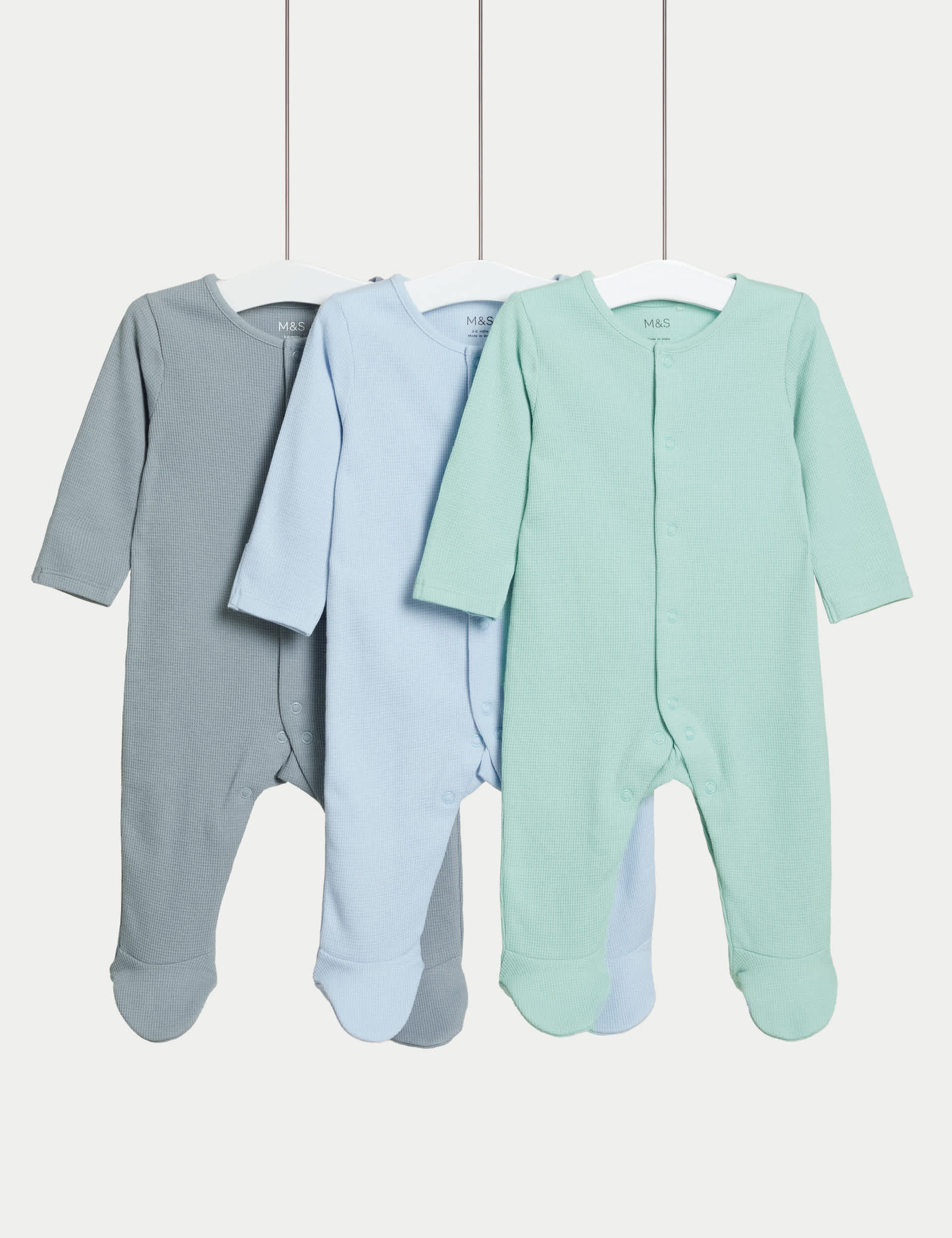 M&S Boys 3pk Pure Cotton Sleepsuits (6lbs-3 Yrs) - NB - Teal Mix, Teal Mix