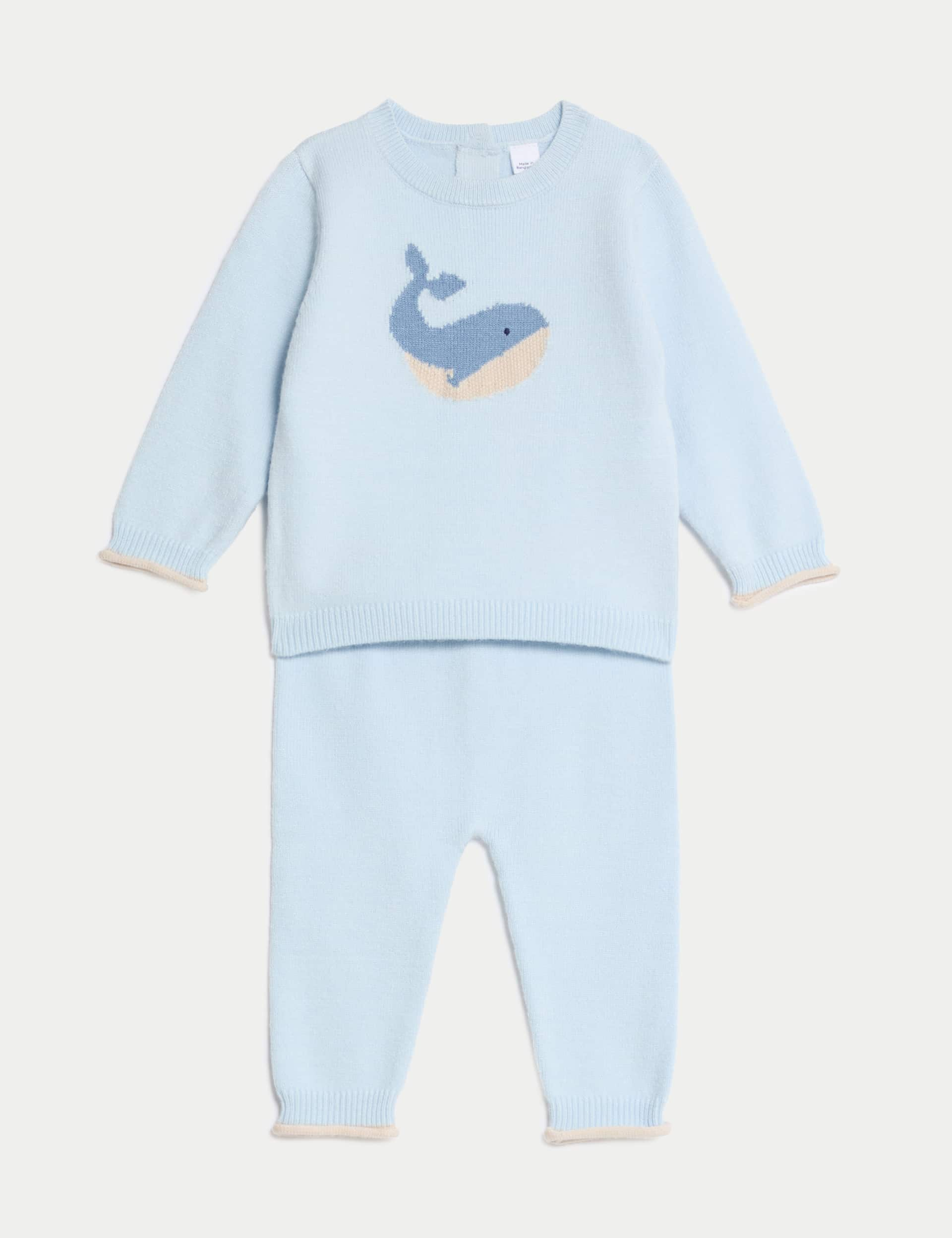 M&S Boys 2pc Whale Knitted Outfit (7lbs-1 Yrs) - 1 M - Blue, Blue