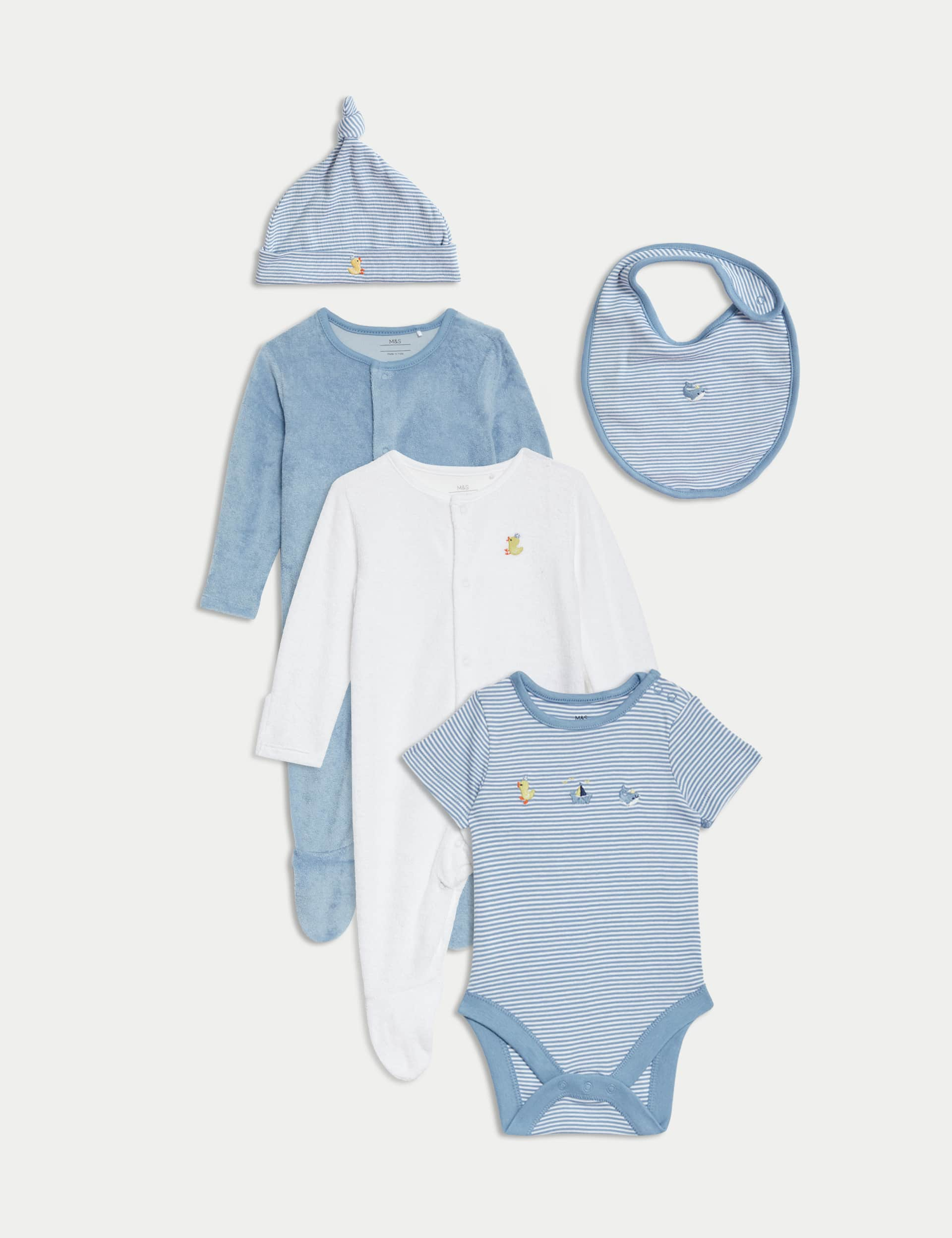 M&S Boys 5pc Cotton Rich Striped Starter Set (0-9 Mths) - 0-3 M - Blue Mix, Blue Mix