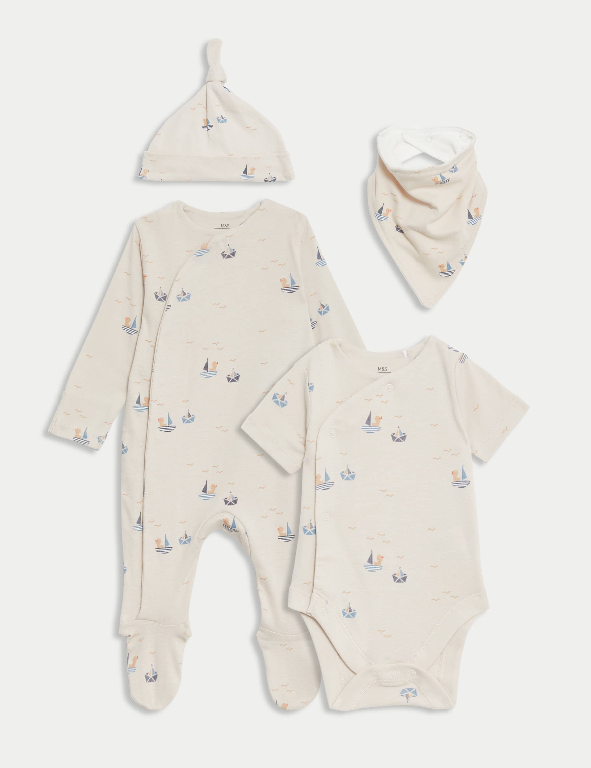 M&S Boys 4pc Pure Cotton Boat Starter Set (7lbs-9 Mths) - 0-3 M - Cream Mix, Cream Mix