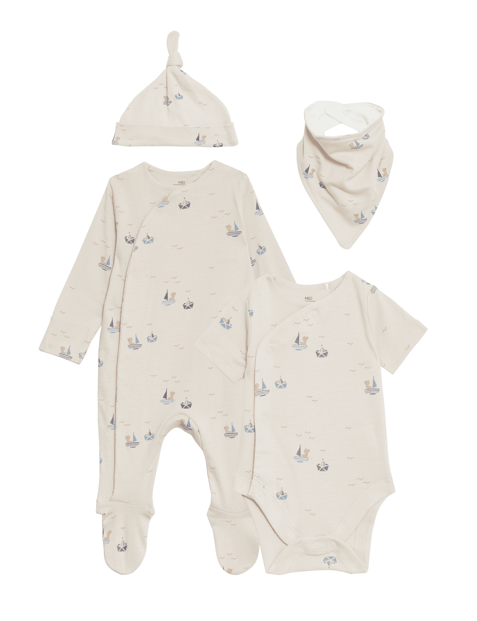 M&S Collection Boys 4pc Pure Cotton Boat Starter Set (7lbs-9 Mths) - 0-3 M - Cream Mix, Cream Mix