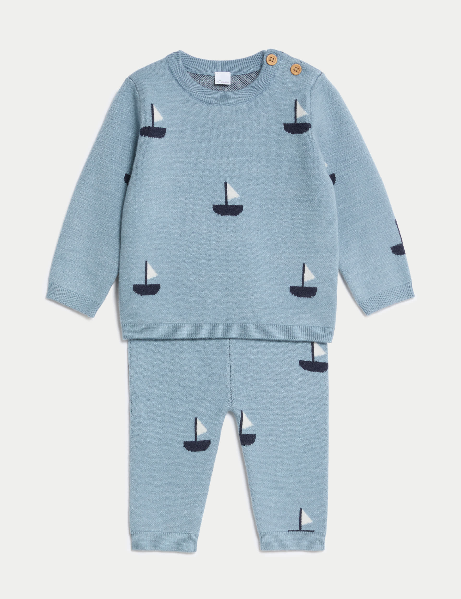 M&S Boys 2pc Boat Knitted Top & Bottom Outfit (7lbs-1 Yrs) - 0-3 M - Blue, Blue