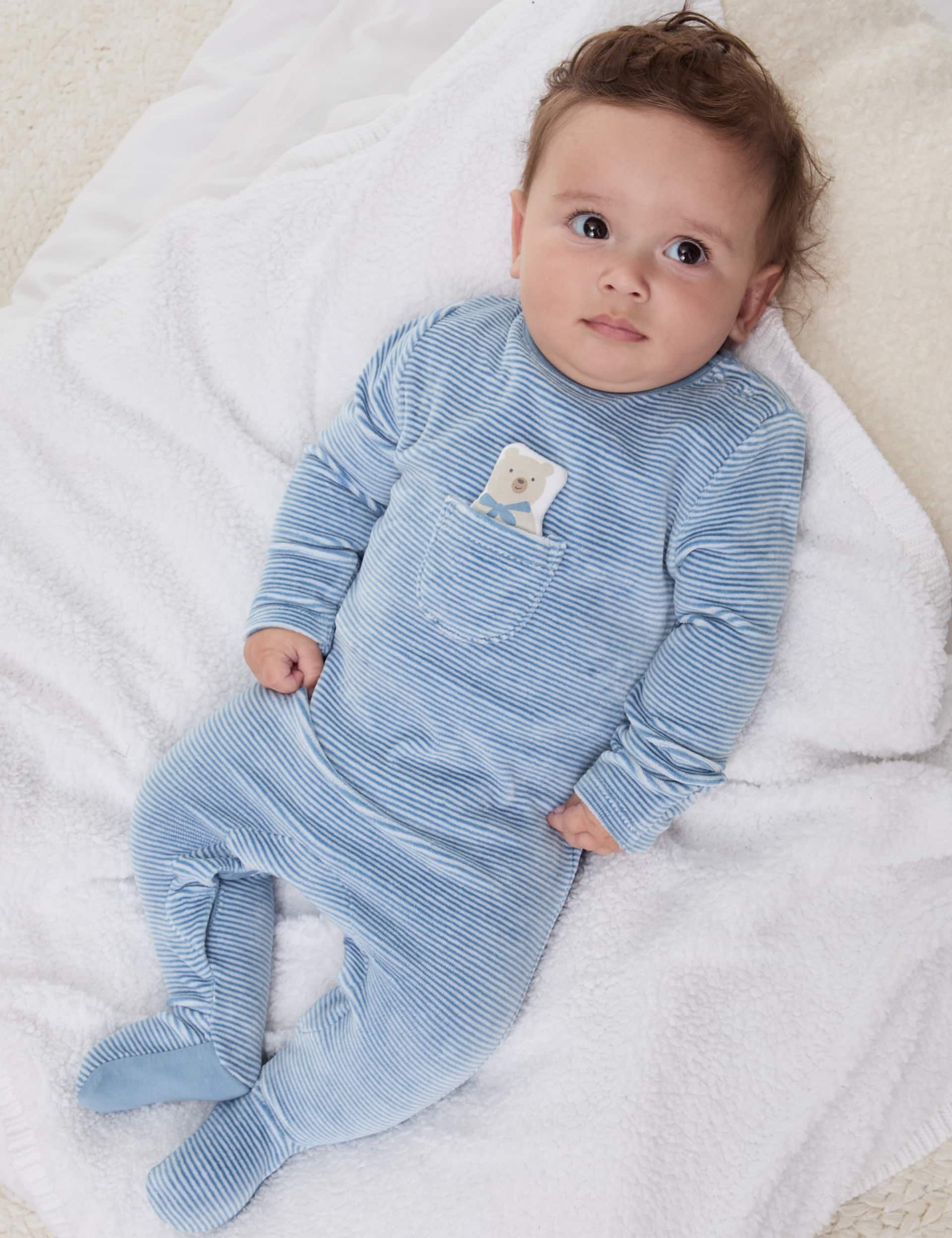 M&S Boys Cotton Rich Velour Striped Bear Sleepsuit (7lbs-1 Yrs) - 0-3 M - Blue, Blue