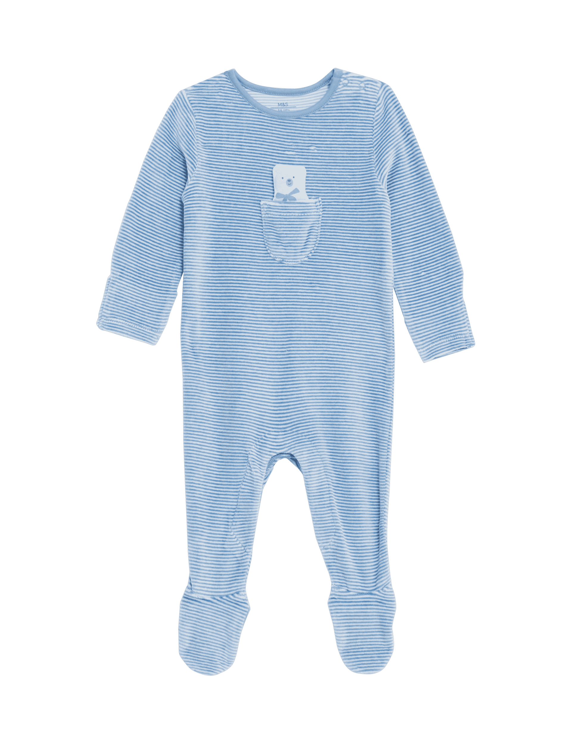 M&S Collection Boys Cotton Rich Velour Striped Bear Sleepsuit (7lbs-1 Yrs) - NB - Blue, Blue