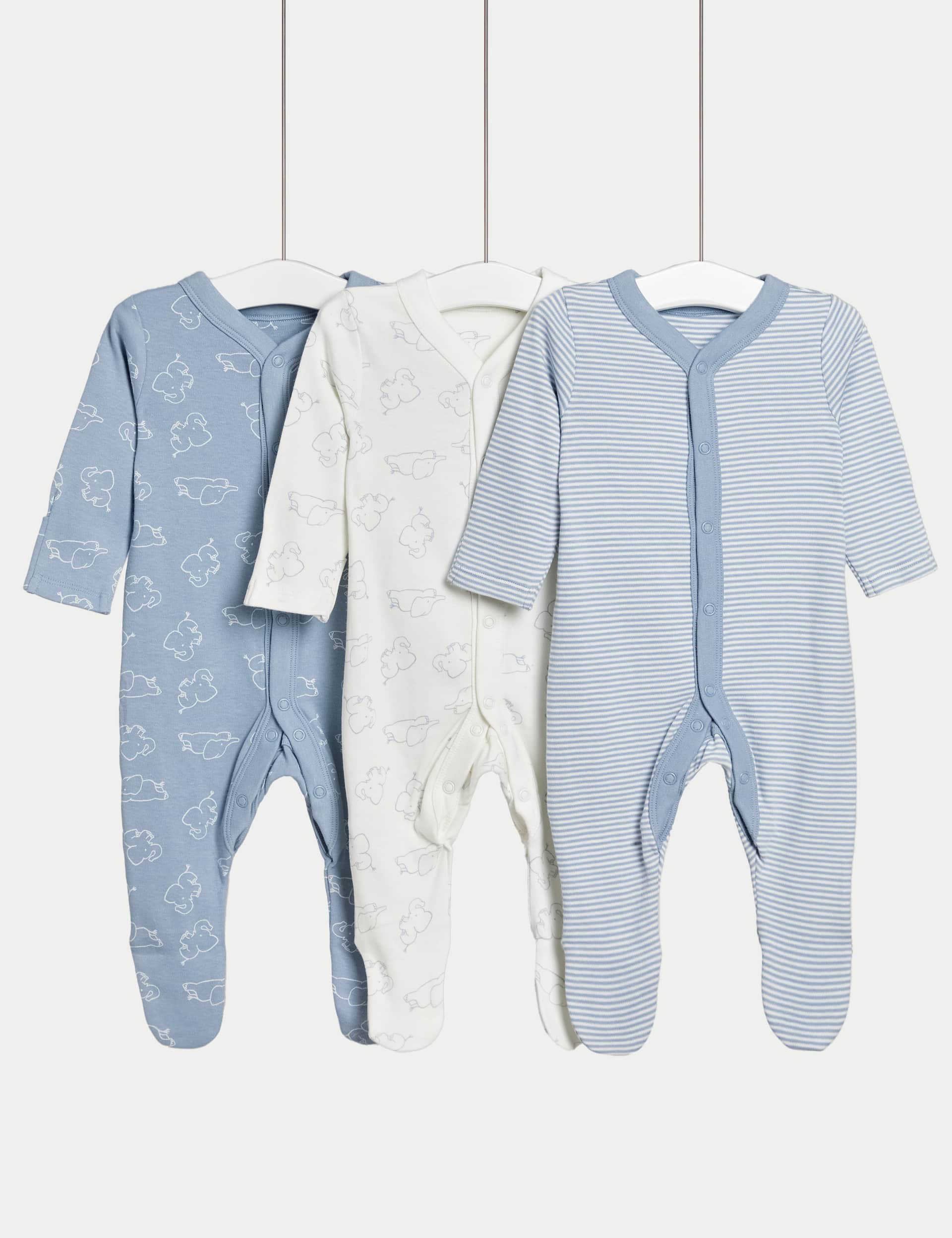 M&S Boys 3pk Pure Cotton Sleepsuits (5lbs-3 Yrs) - 12-18 - Blue Mix, Blue Mix