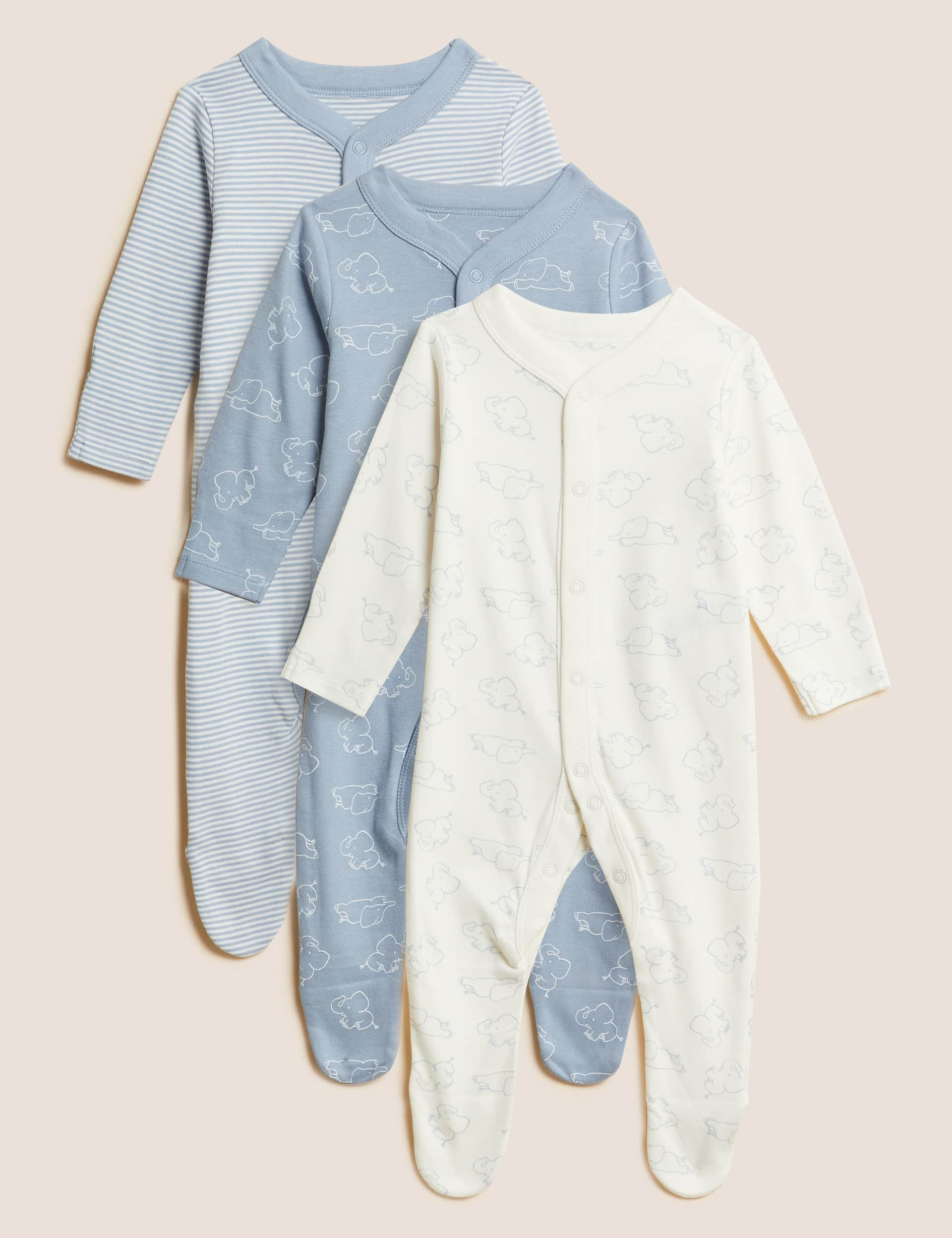 M&S Collection Boys 3pk Pure Cotton Sleepsuits (5lbs-3 Yrs) - 2-3Y - Blue Mix, Blue Mix