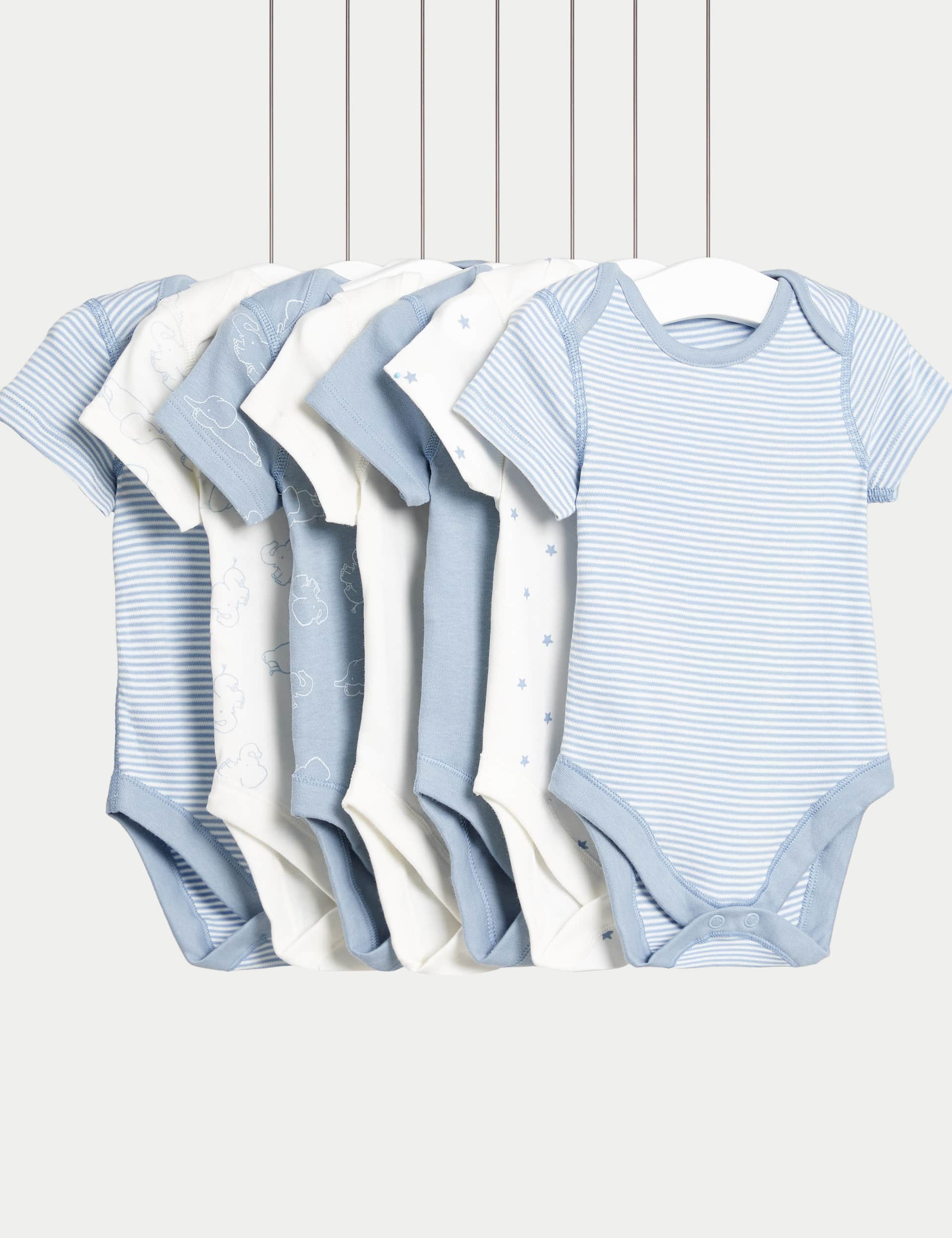 M&S Boys 7pk Pure Cotton Bodysuits (5lbs-3 Yrs) - 18-24 - Blue Mix, Blue Mix