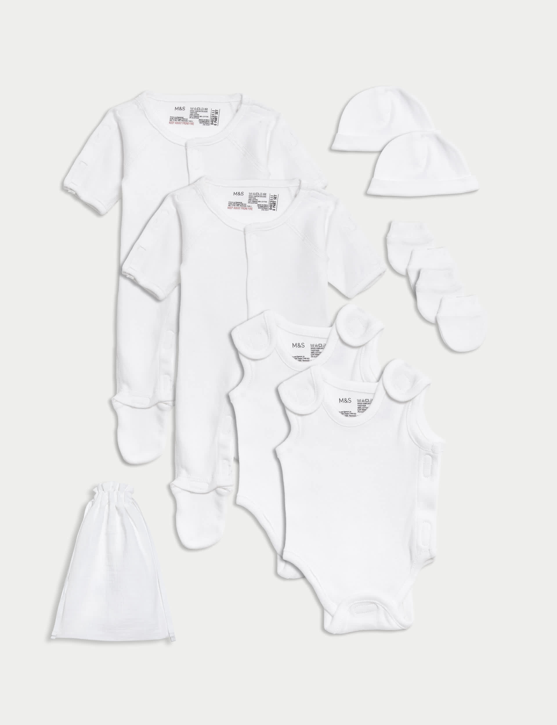 M&S 8pc Pure Cotton Premature Starter Set - PREM4 - White, White