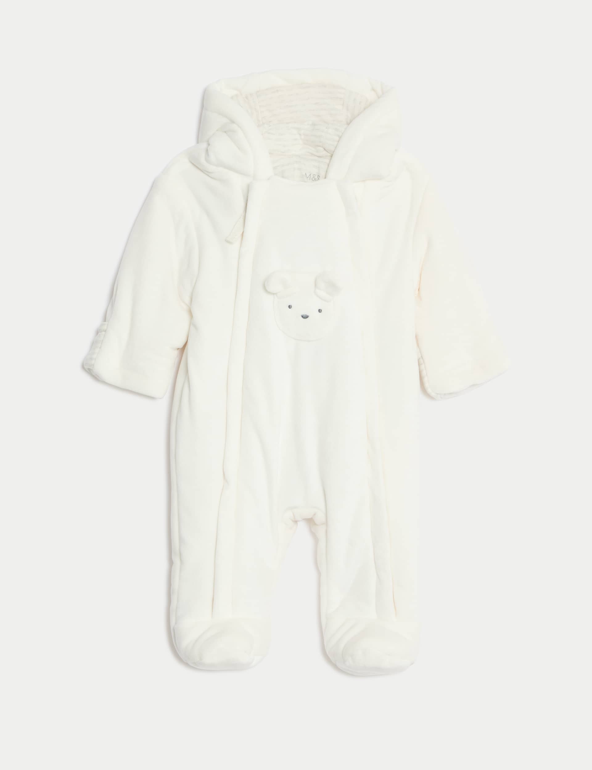 M&S Velour Bear Pocket Hooded Pramsuit (0-12 Mths) - 0-3 M - White Mix, White Mix,Light Blue,Pink