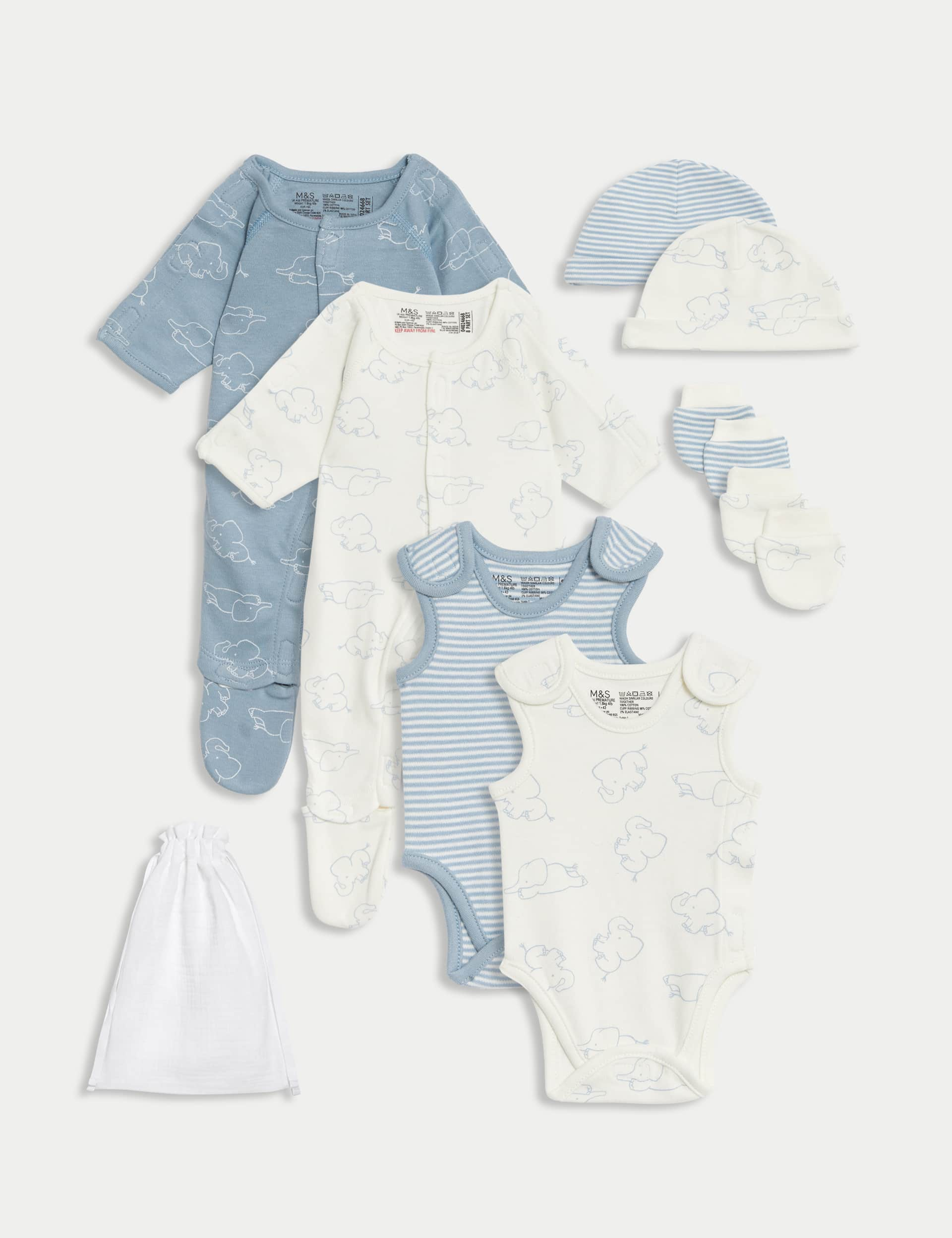 M&S 8pc Pure Cotton Premature Elephant Starter Set - PREM4 - Blue Mix, Blue Mix