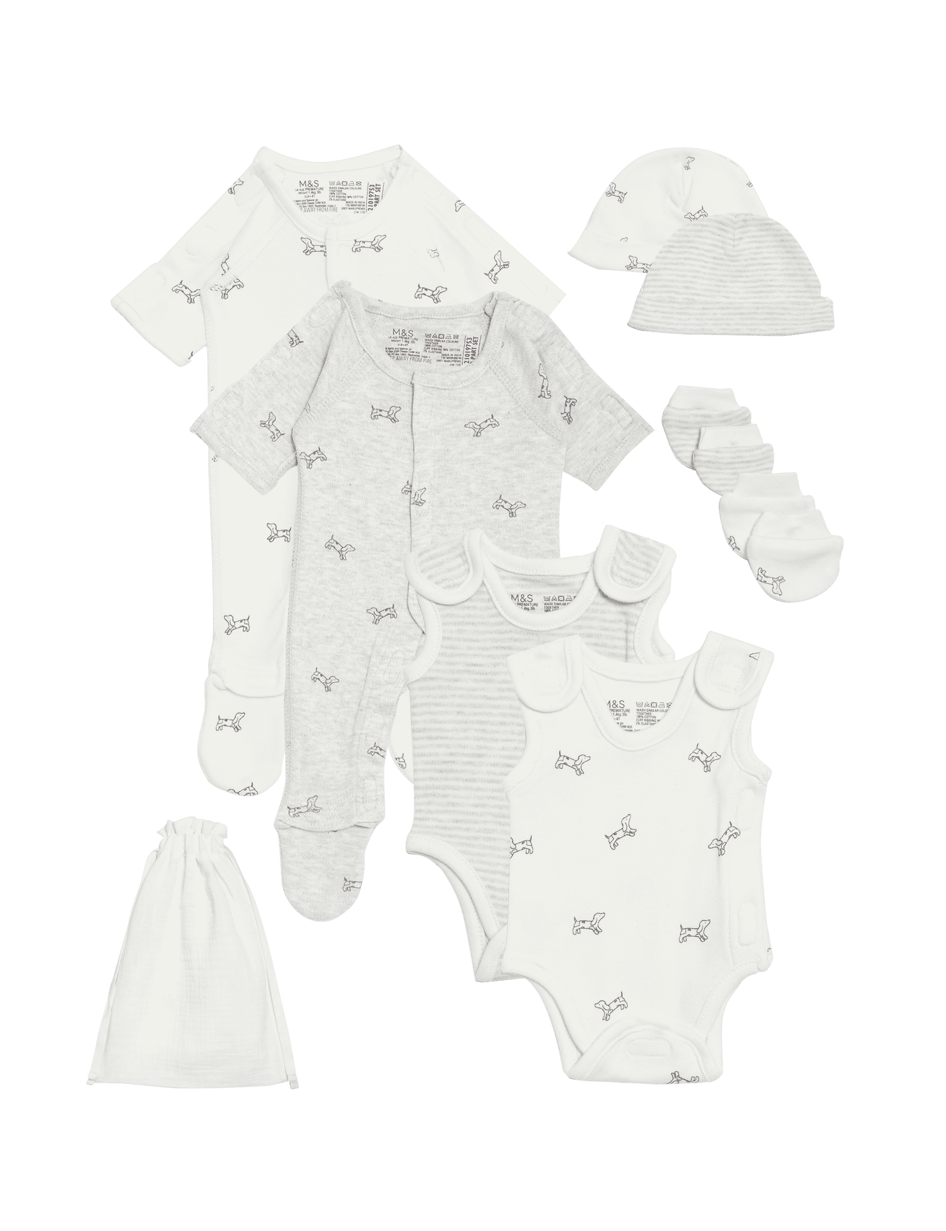 M&S Collection 8pc Cotton Rich Premature Hospital Starter Set - PREM4 - Grey Marl, Grey Marl