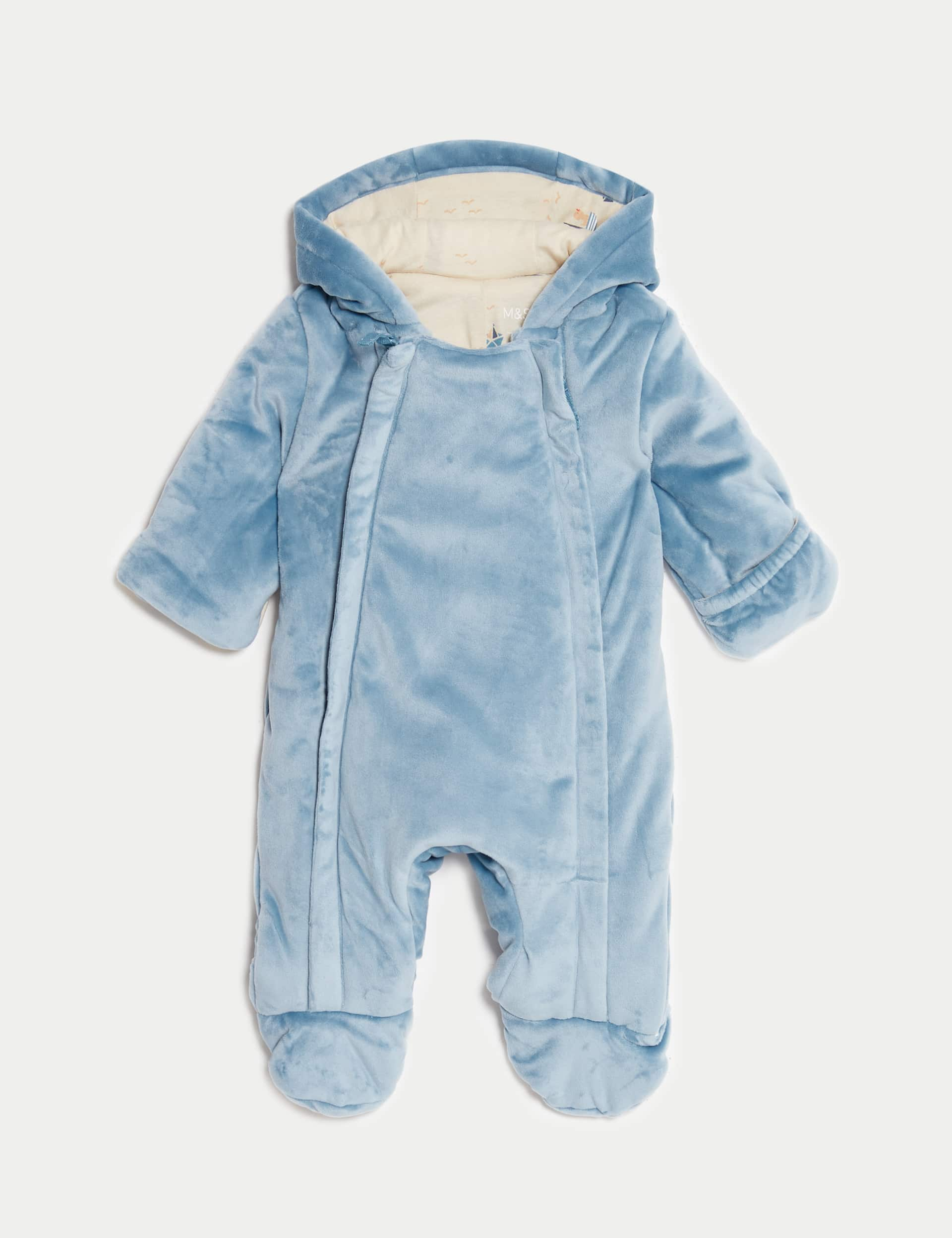 M&S Boys Velour Hooded Pramsuit (0-12 Mths) - 0-3 M - Blue Mix, Blue Mix