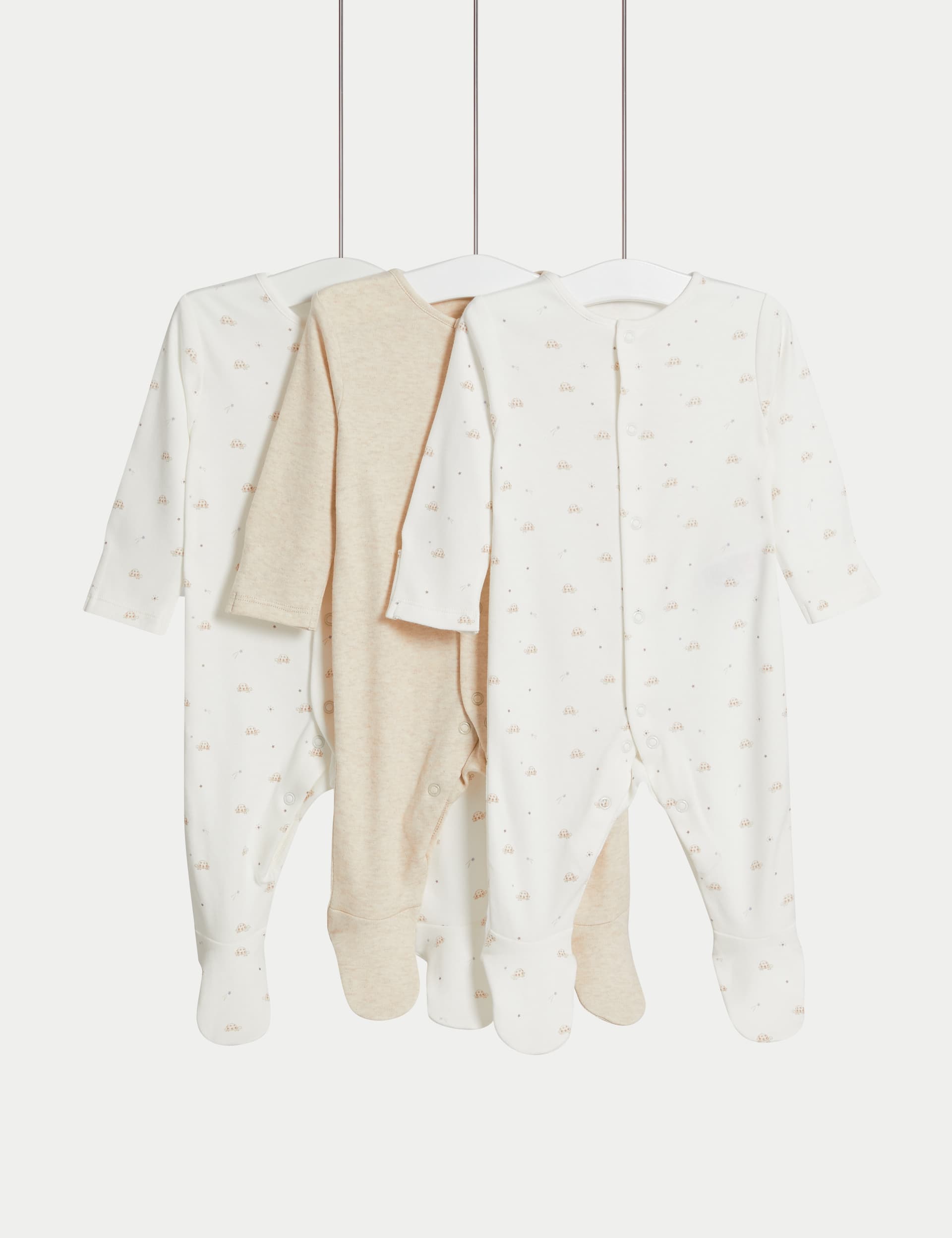 M&S Collection 3pk Pure Cotton Turtle Sleepsuits (0-3 Yrs) - 0-3 M - Ivory, Ivory