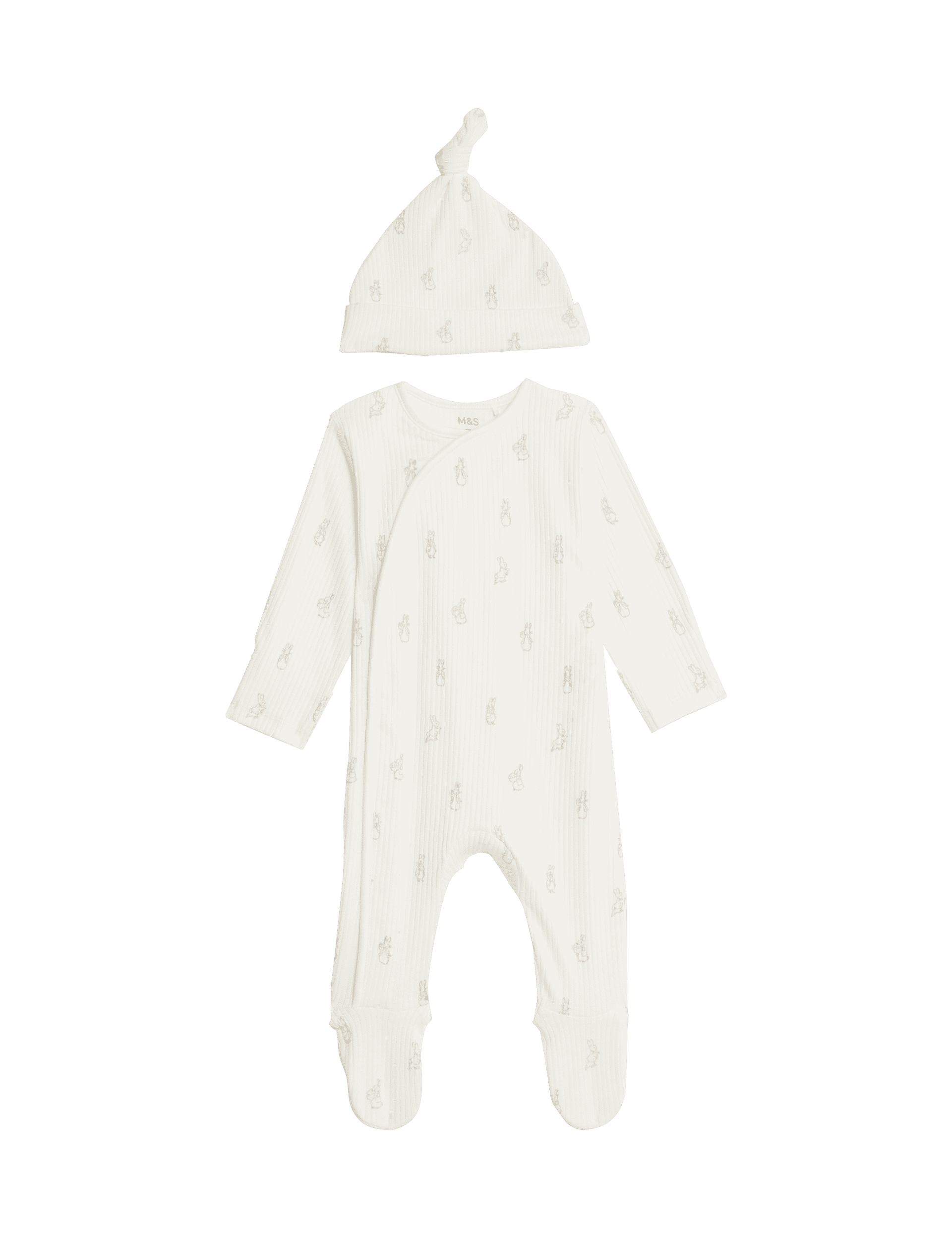 M&S Collection 2pc Peter Rabbit Sleepsuit and Hat (7lbs-1 Yrs) - 0-3 M - Cream Mix, Cream Mix