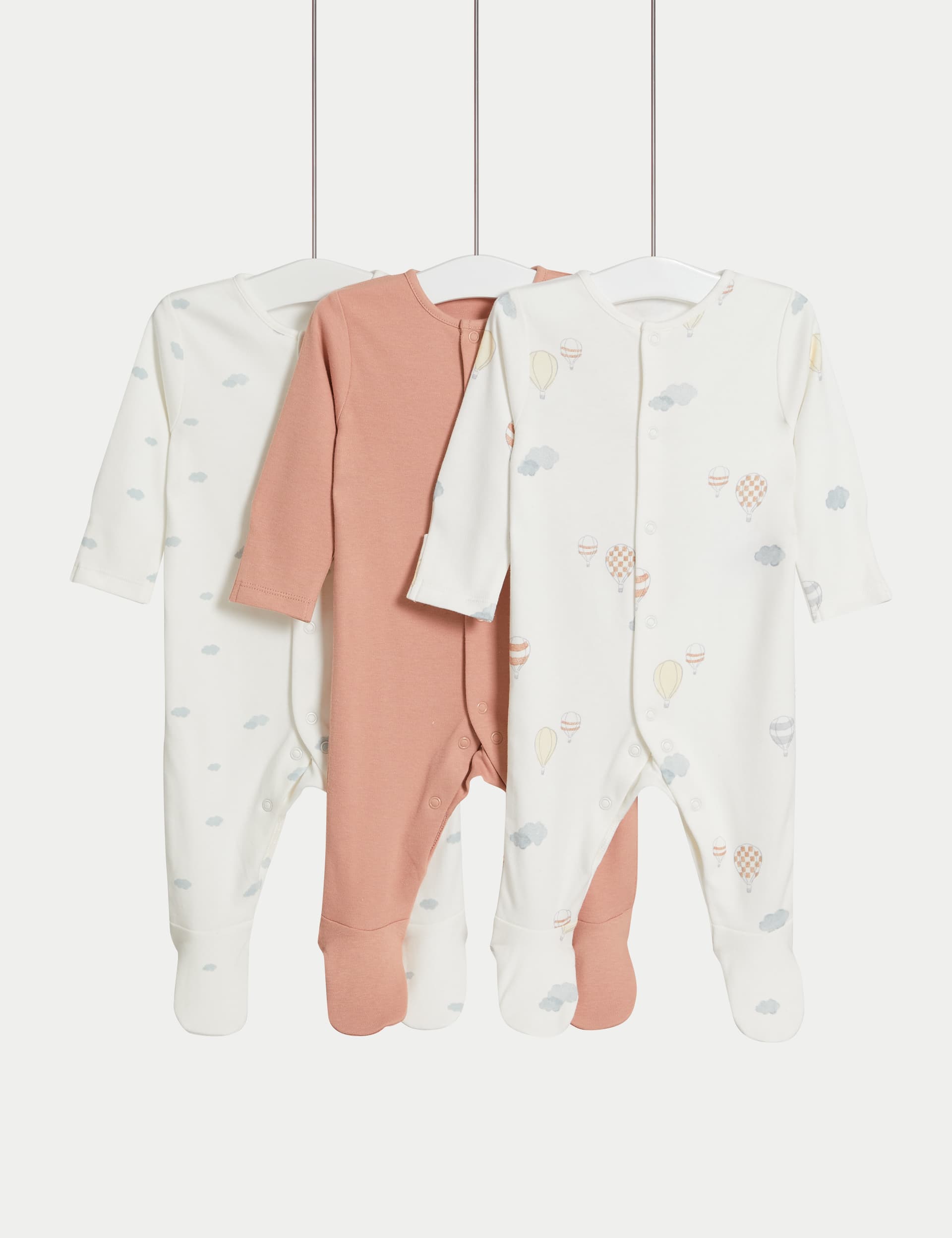 M&S Collection 3pk Pure Cotton Balloon & Cloud Sleepsuits (0-3 Yrs) - 0-3 M - Multi, Multi