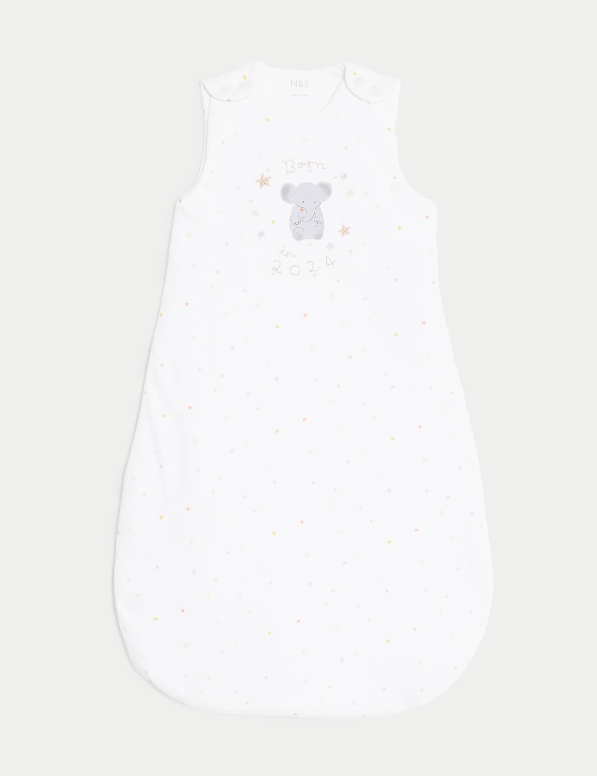 M&S Pure Cotton Born In 2024 2.5 Tog Sleeping Bag (0-18 Mths) - 6-18M - White Mix, White Mix