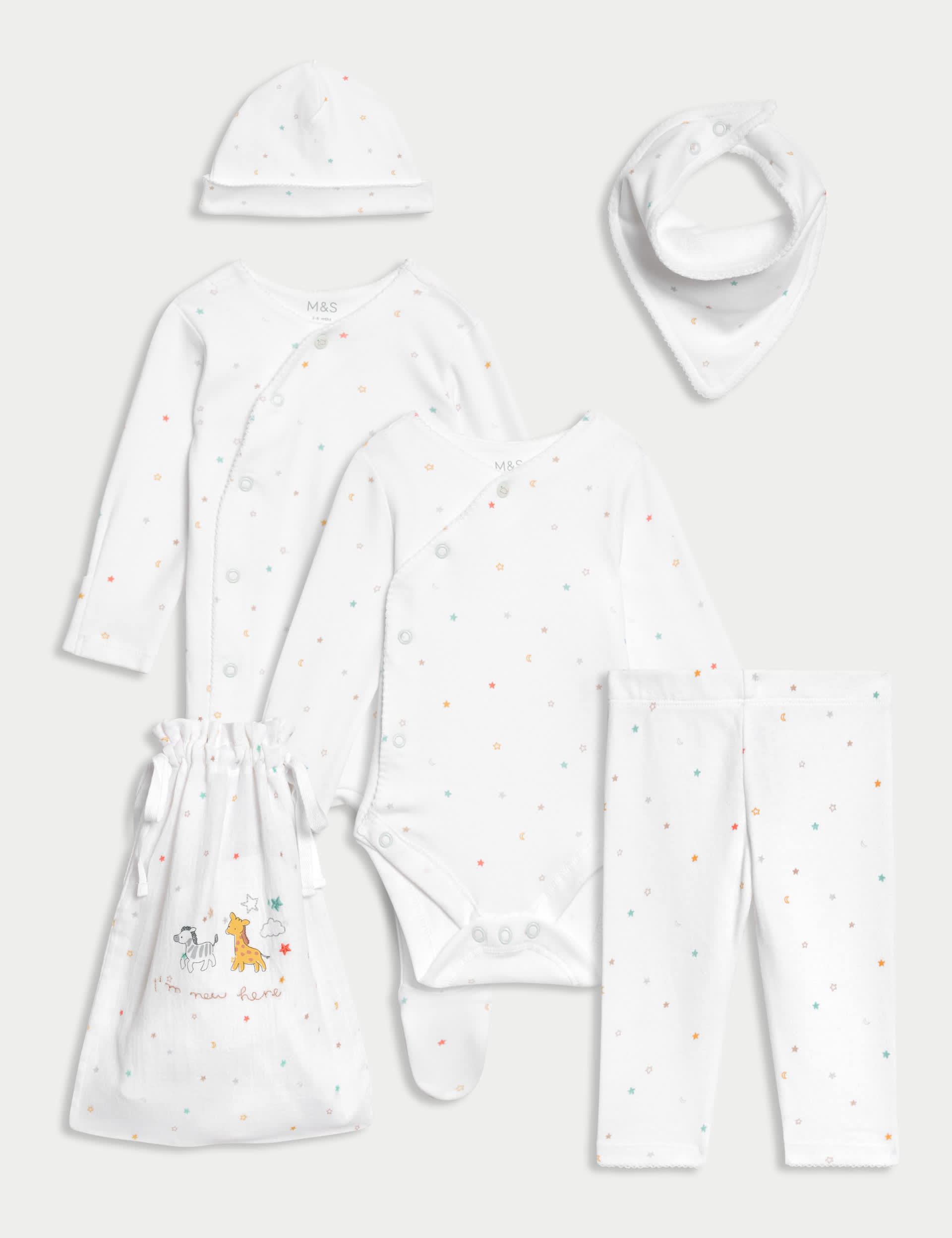 M&S 6pc Pure Cotton Stars Starter Set (7lbs-9 Mths) - 0-3 M - White Mix, White Mix