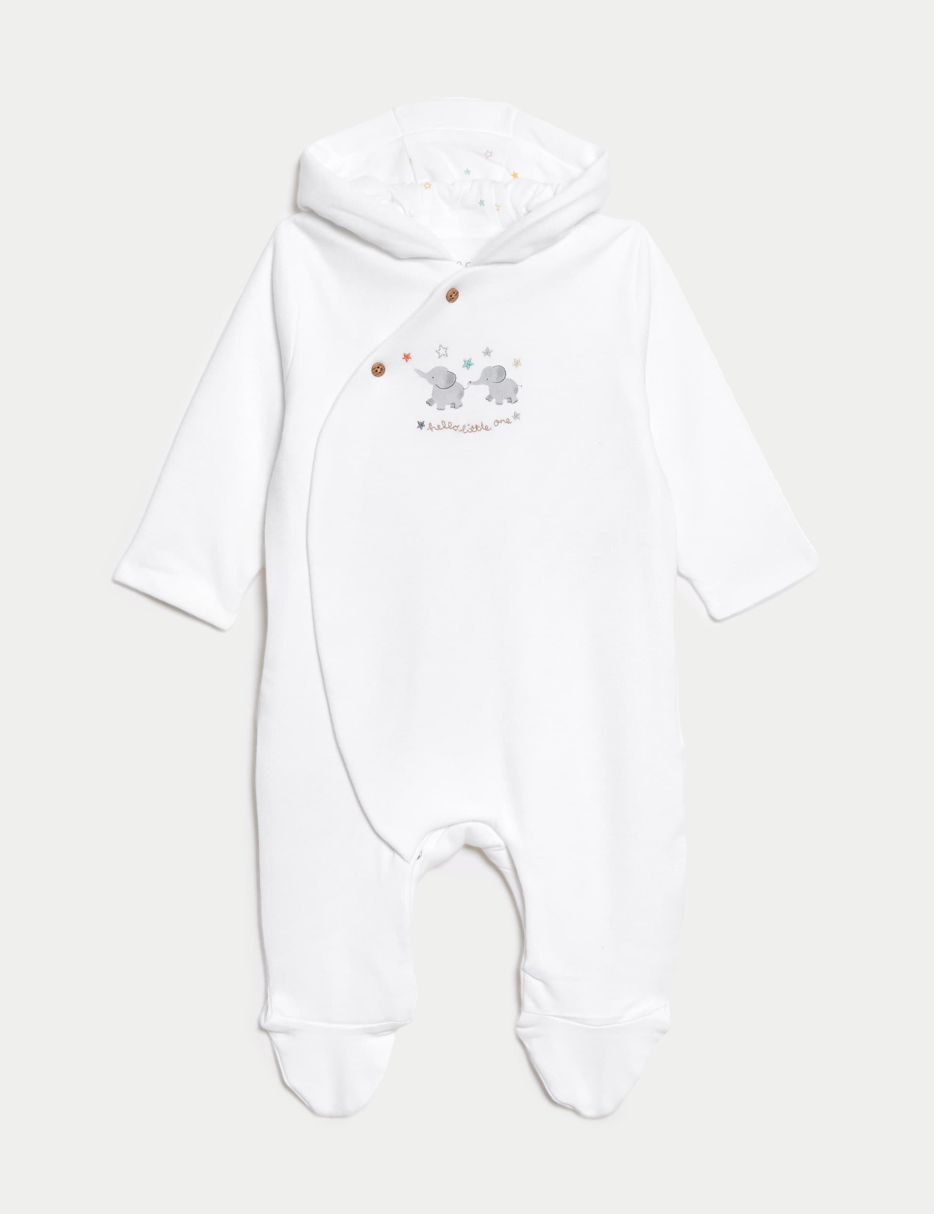 M&S Pure Cotton Hooded Elephant All in One (7lbs - 1 Yrs) - 6-9 M - White Mix, White Mix