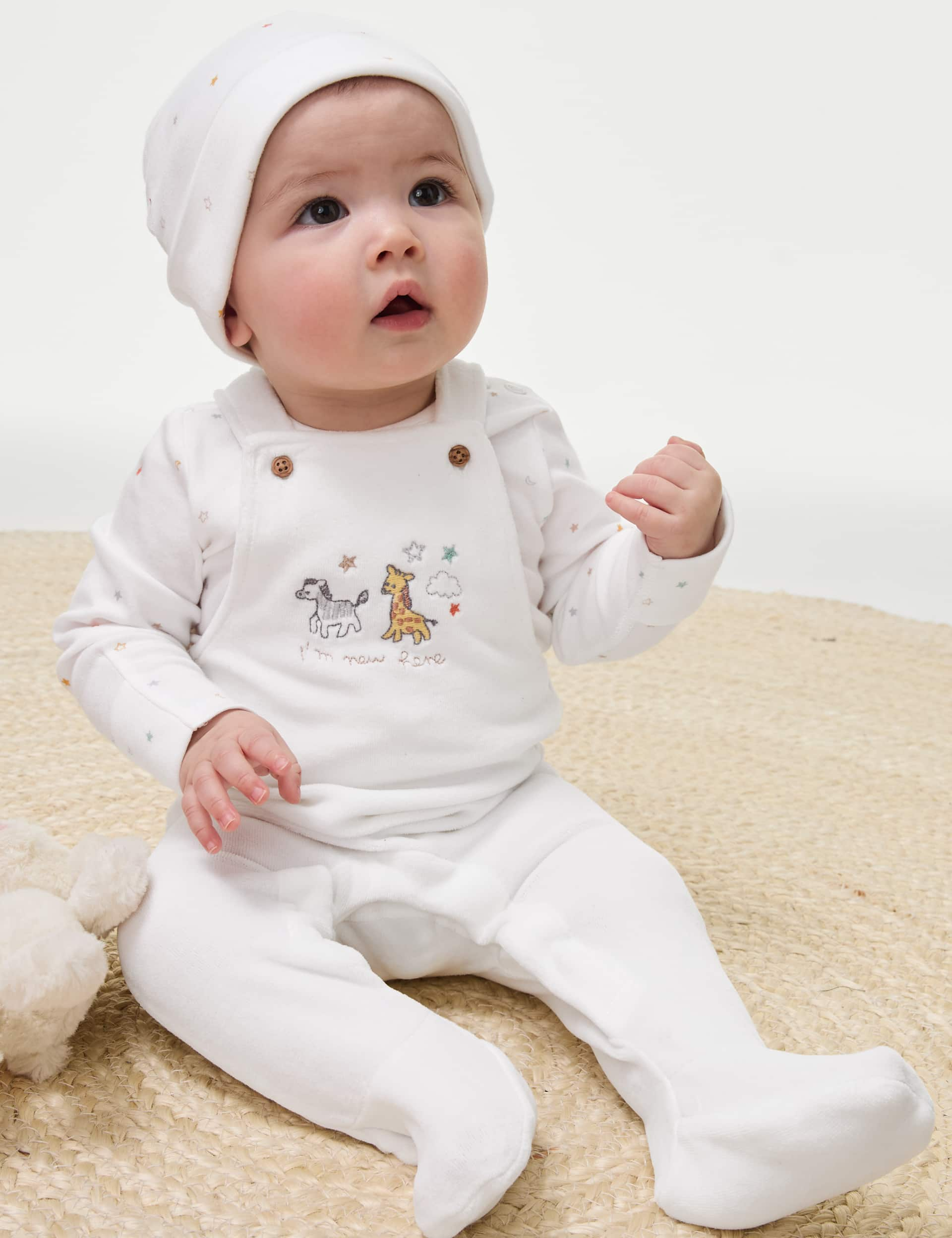 M&S 3pc Cotton Rich Animal & Stars Outfit (7lbs-1 Yrs) - 6-9 M - White Mix, White Mix