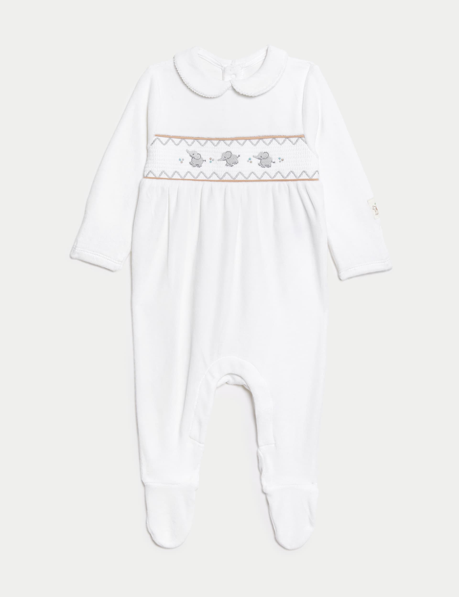 M&S Collection Cotton Rich Velour Elephant Sleepsuit (7lbs-1 Yrs) - NB - White Mix, White Mix