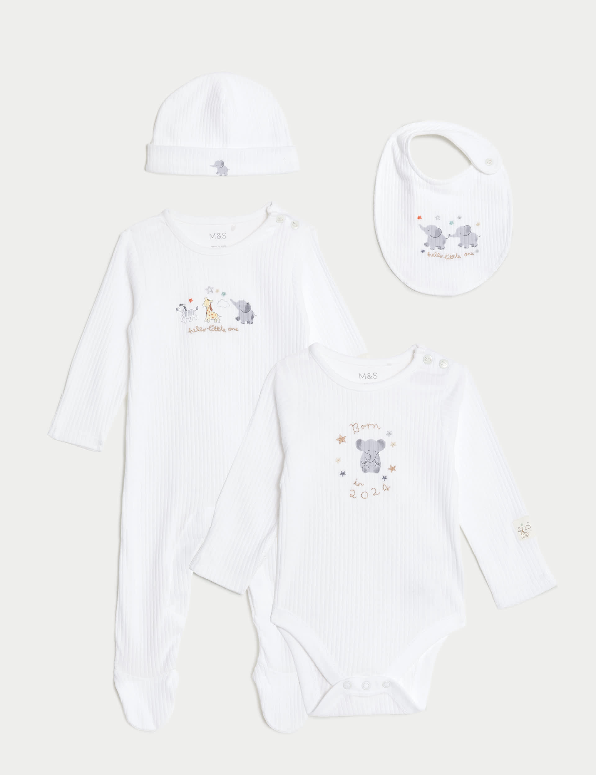 M&S 4pc Cotton Rich Born In 2024 Starter Set (7lbs-9 Mths) - 0-3 M - White Mix, White Mix