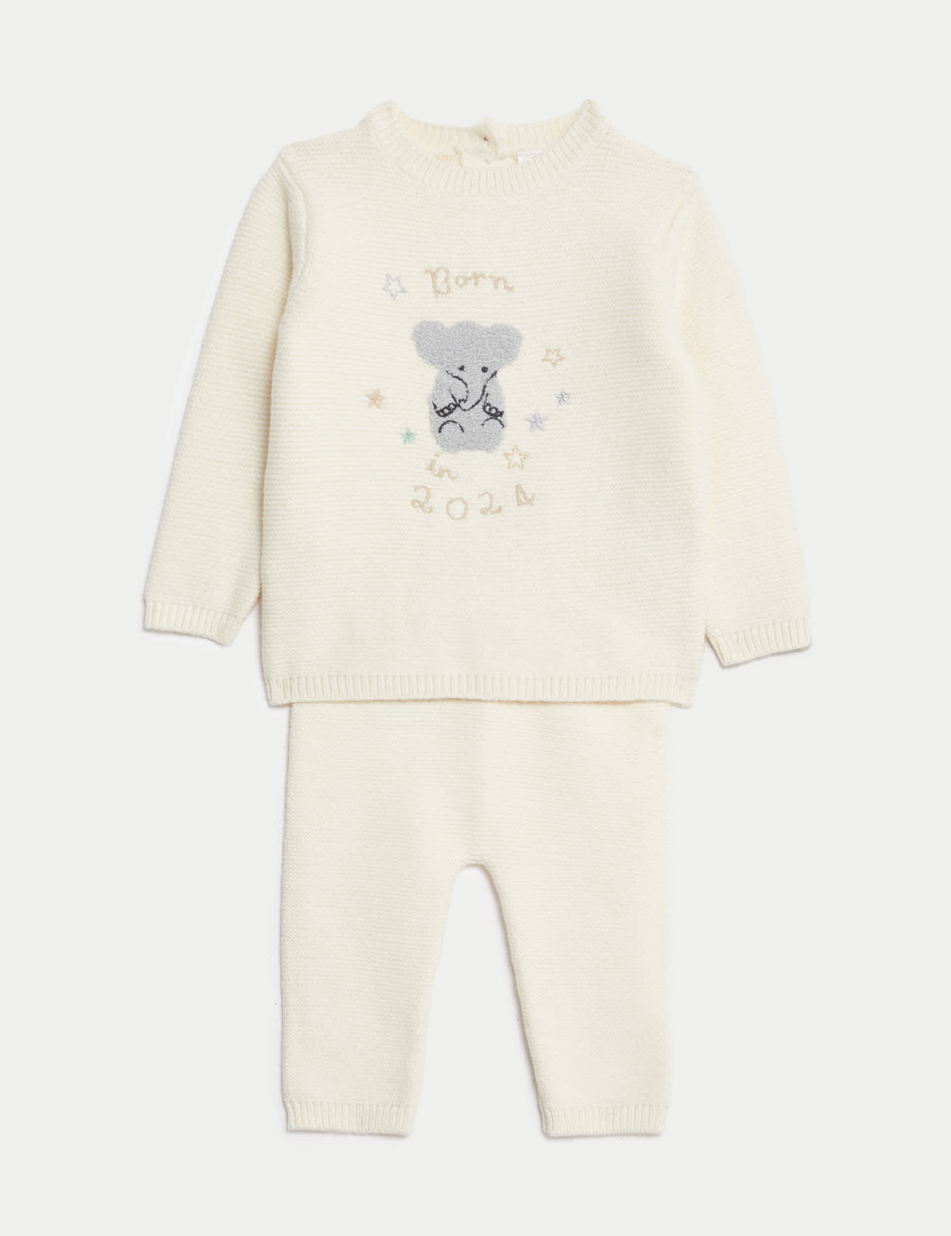 M&S 2pc Born in 2024 Knitted Elephant Outfit (7lbs-9 Mths) - 6-9 M - White Mix, White Mix