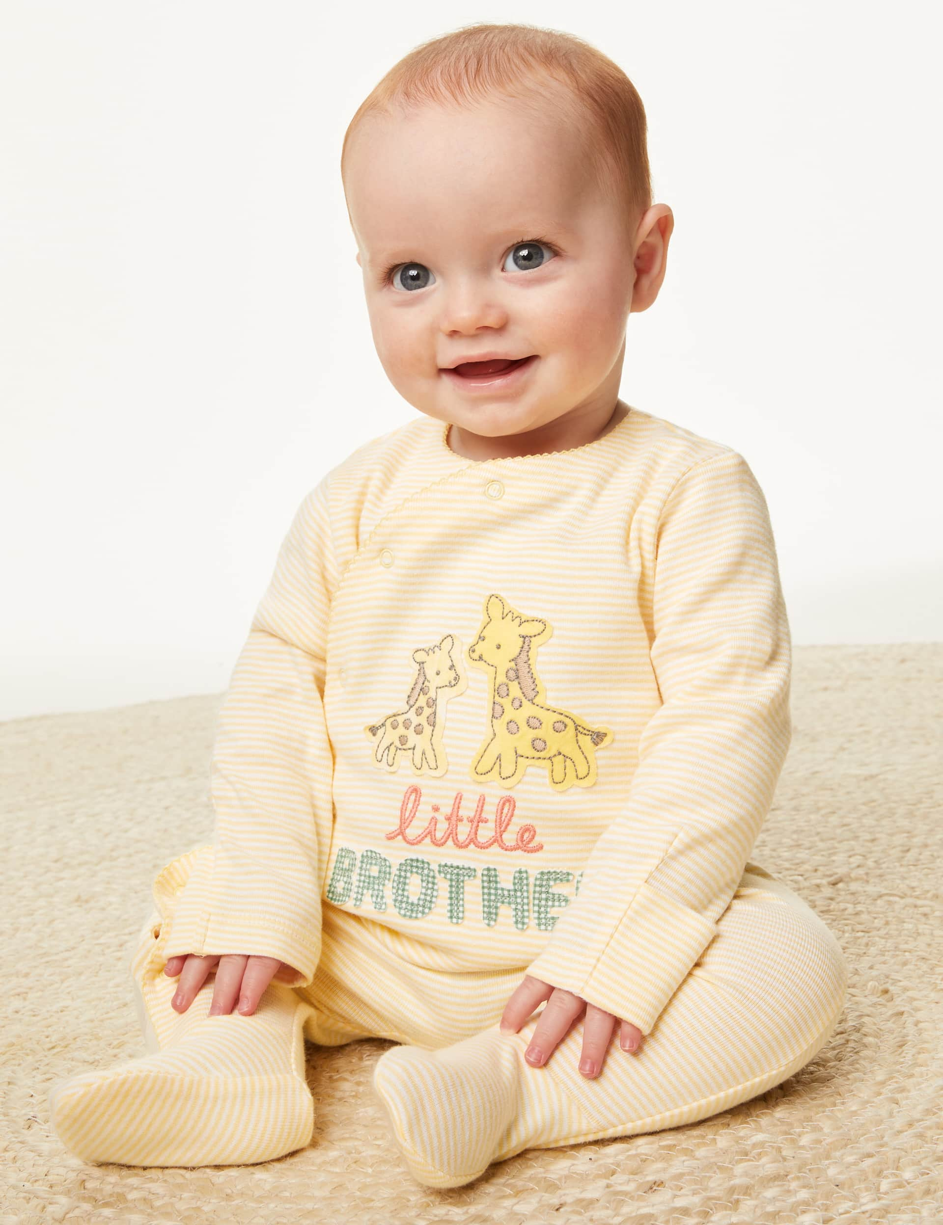 M&S Pure Cotton Little Brother Slogan Sleepsuit (7lbs-9 Mths) - 0-3 M - Yellow Mix, Yellow Mix