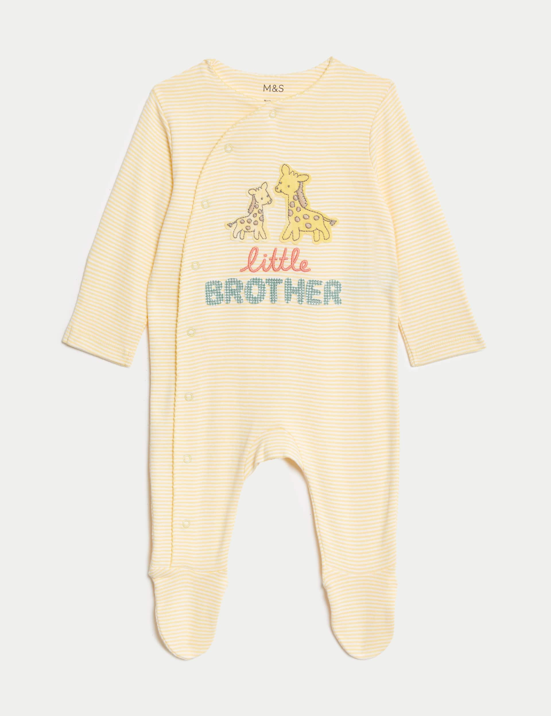 M&S Collection Pure Cotton Little Brother Slogan Sleepsuit (7lbs-9 Mths) - 3-6 M - Yellow Mix, Yello