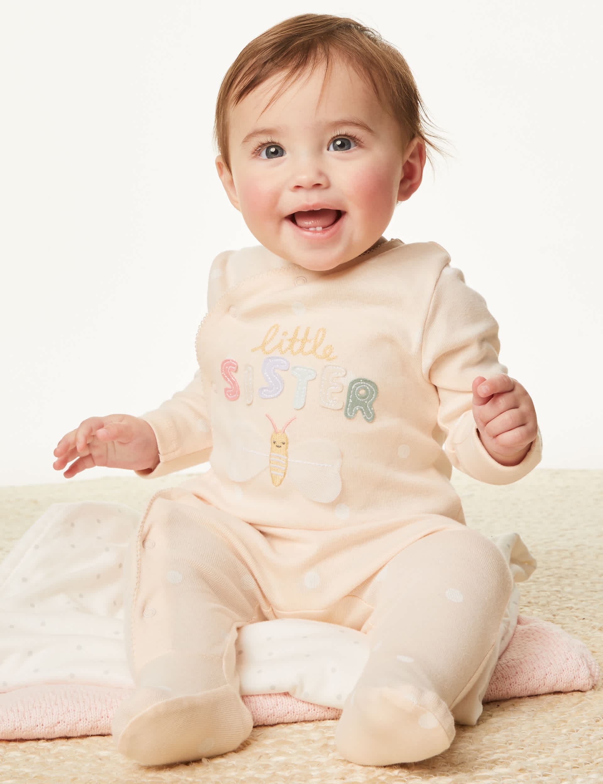 M&S Pure Cotton Little Sister Slogan Sleepsuit (7lbs-9 Mths) - 0-3 M - Peach Mix, Peach Mix