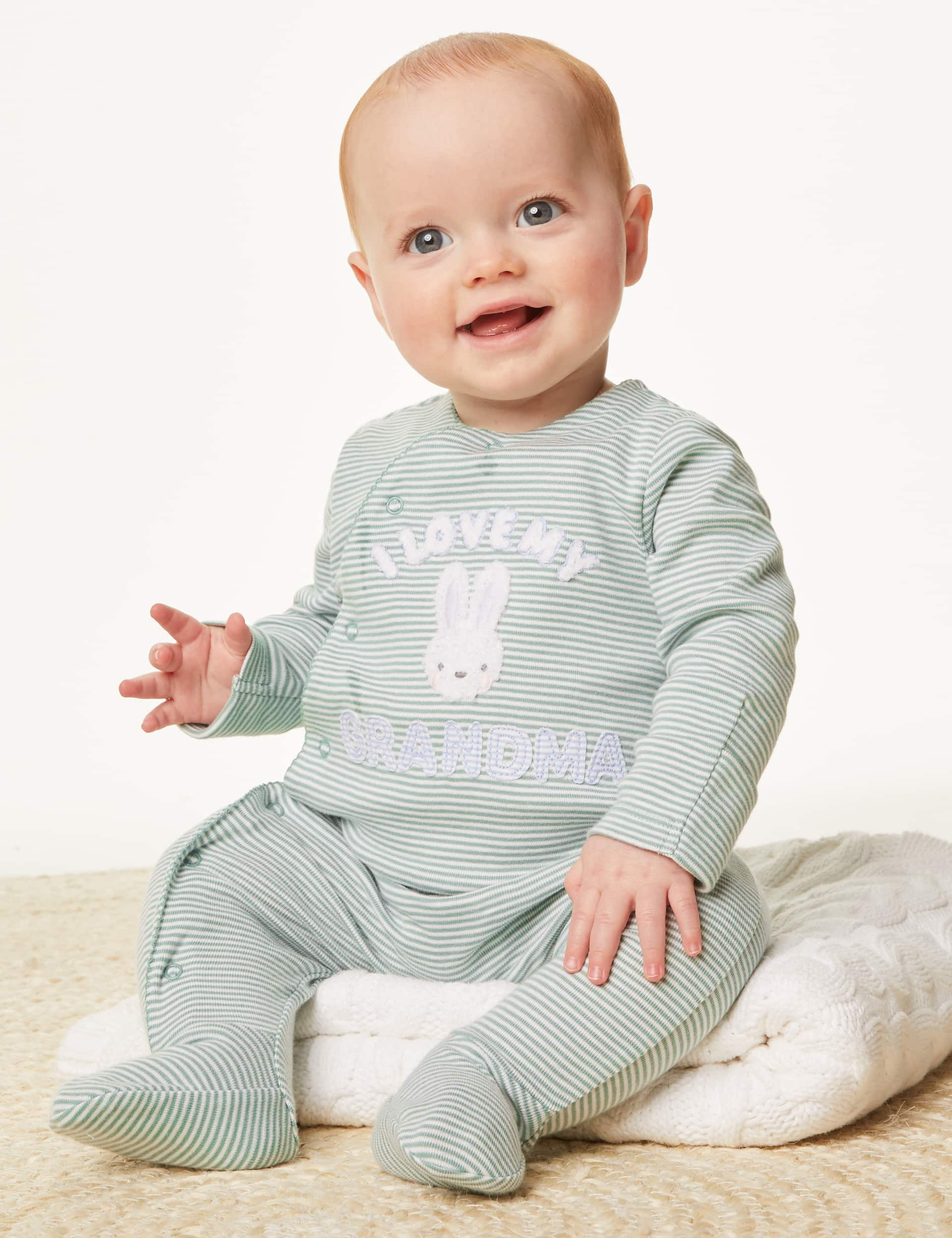 M&S Pure Cotton Striped Grandma Slogan Sleepsuit (7lbs-9 Mths) - 0-3 M - Green Mix, Green Mix