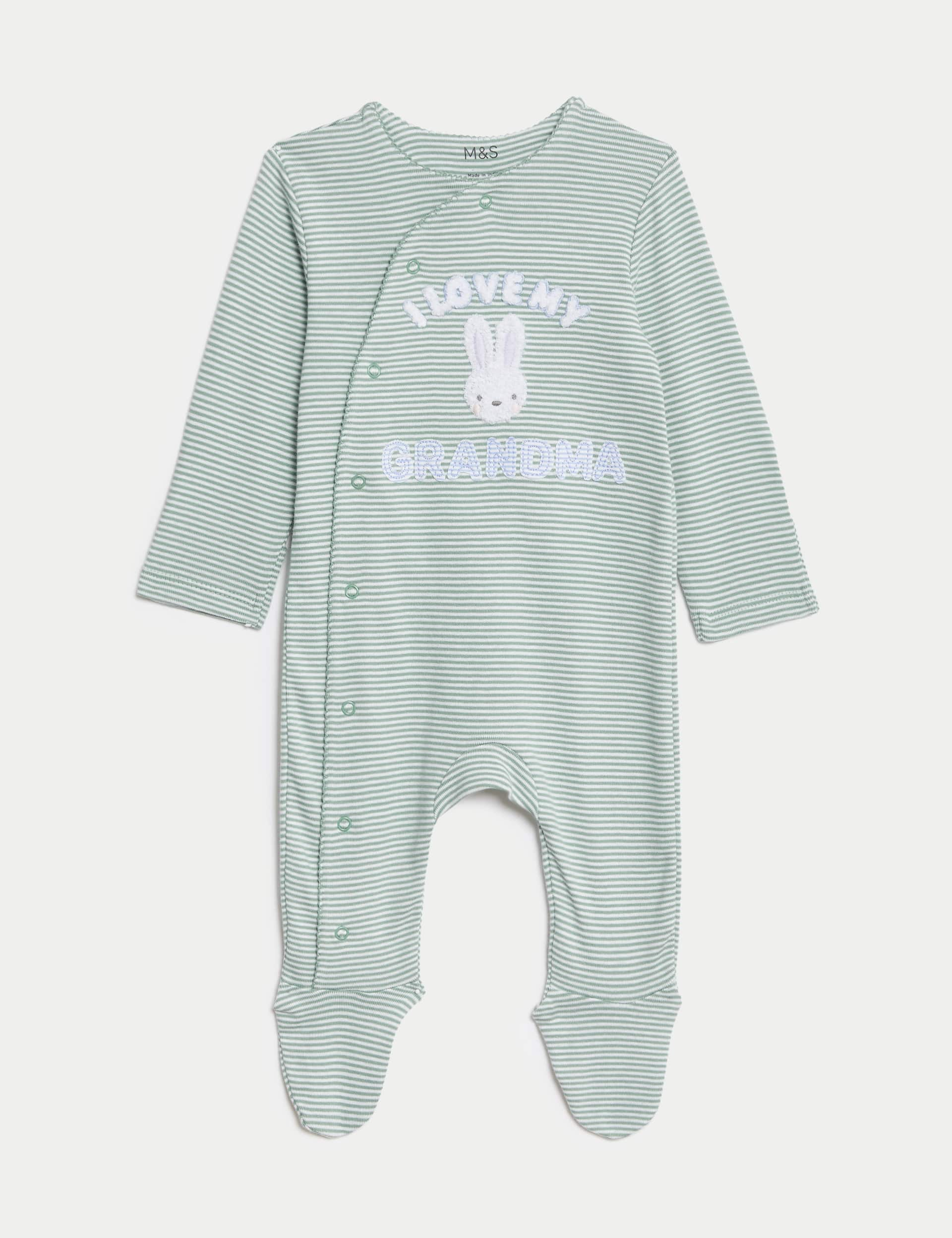 M&S Collection Pure Cotton Striped Grandma Slogan Sleepsuit (7lbs-9 Mths) - NB - Green Mix, Green Mi