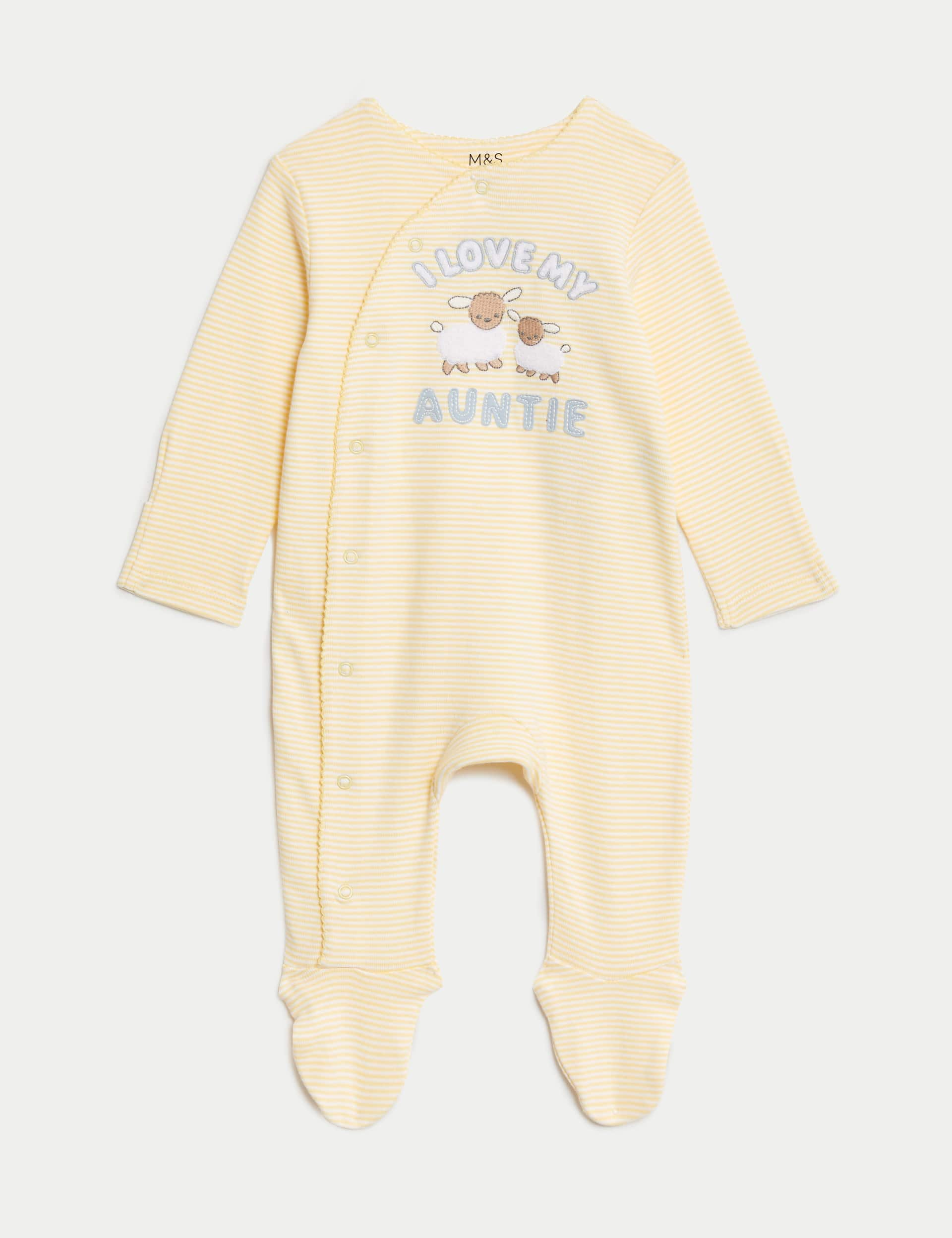 M&S Pure Cotton Striped Auntie Sleepsuit (7lbs-9 Mths) - 0-3 M - Yellow Mix, Yellow Mix