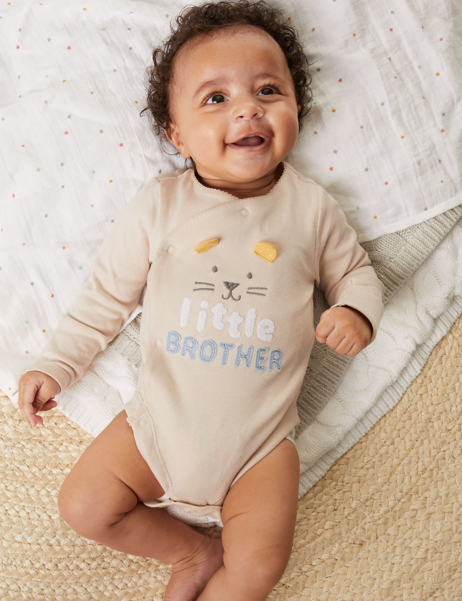 M&S Pure Cotton Little Brother Slogan Bodysuit (7lbs-9 Mths) - 3-6 M - Calico Mix, Calico Mix