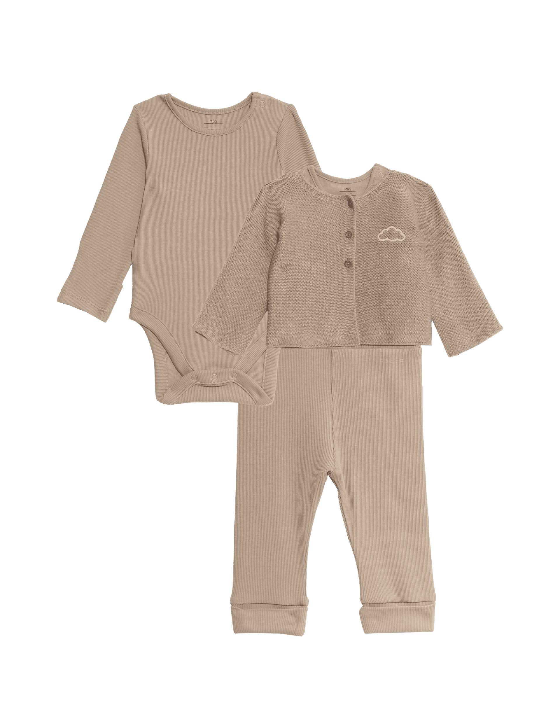 M&S Collection 3pc Cotton Rich Outfit (7lbs-12 Mths) - 3-6 M - Brown, Brown