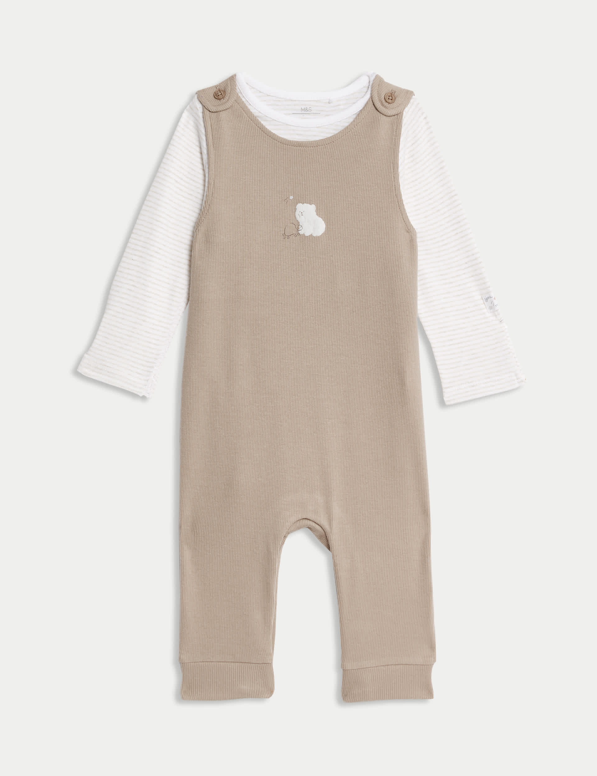 M&S Collection 2pc Pure Cotton Dungaree Outfit (0-12 Mths) - 0-3 M - Latte, Latte