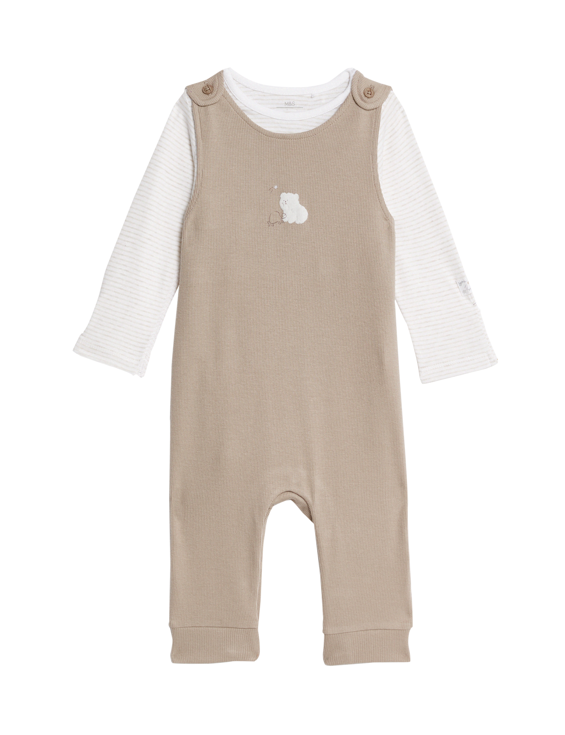 M&S Collection 2pc Pure Cotton Dungaree Outfit (0-12 Mths) - 0-3 M - Latte, Latte