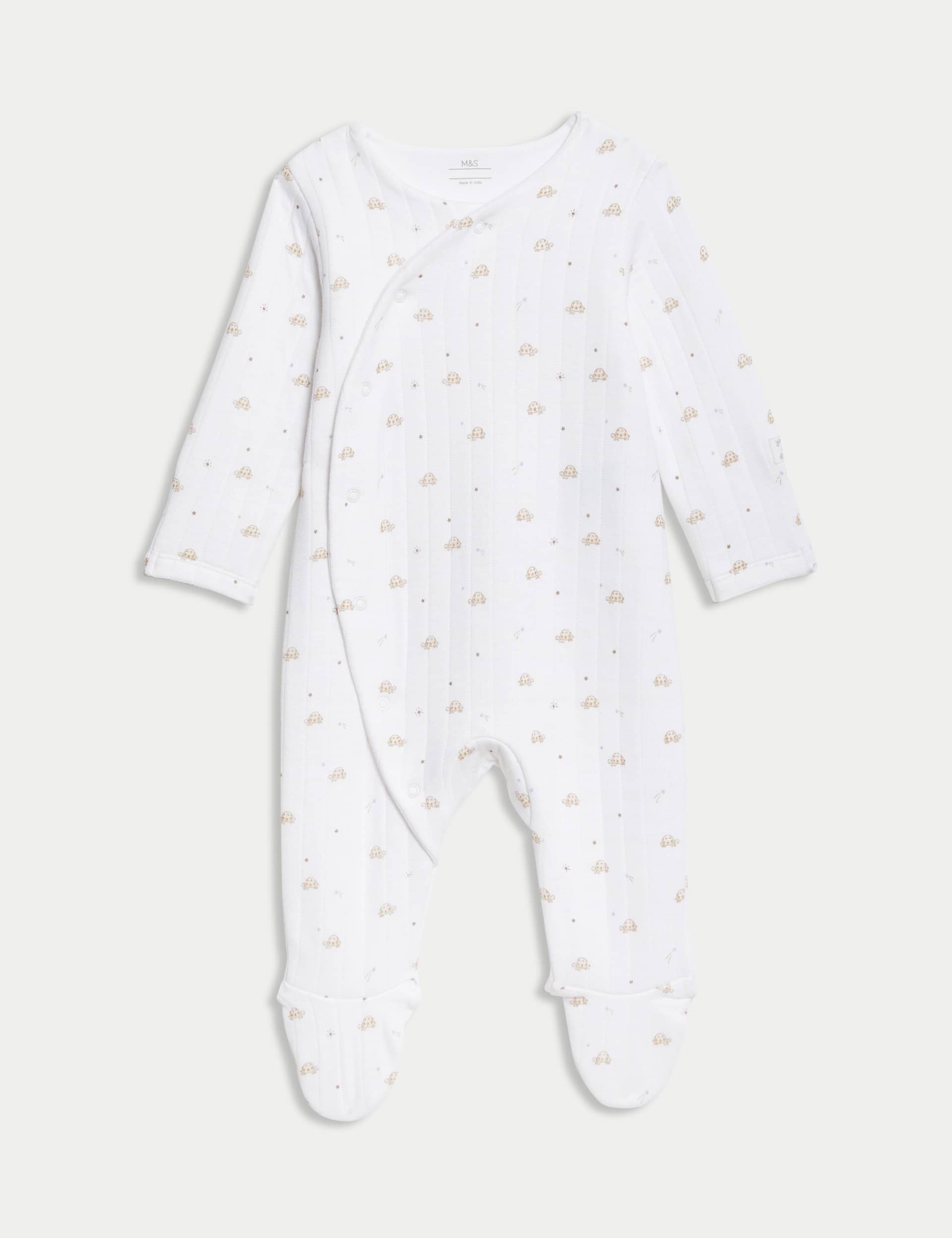 M&S Collection Cotton Rich Turtle Sleepsuit (0-12 Mths) - 6-9 M - White Mix, White Mix