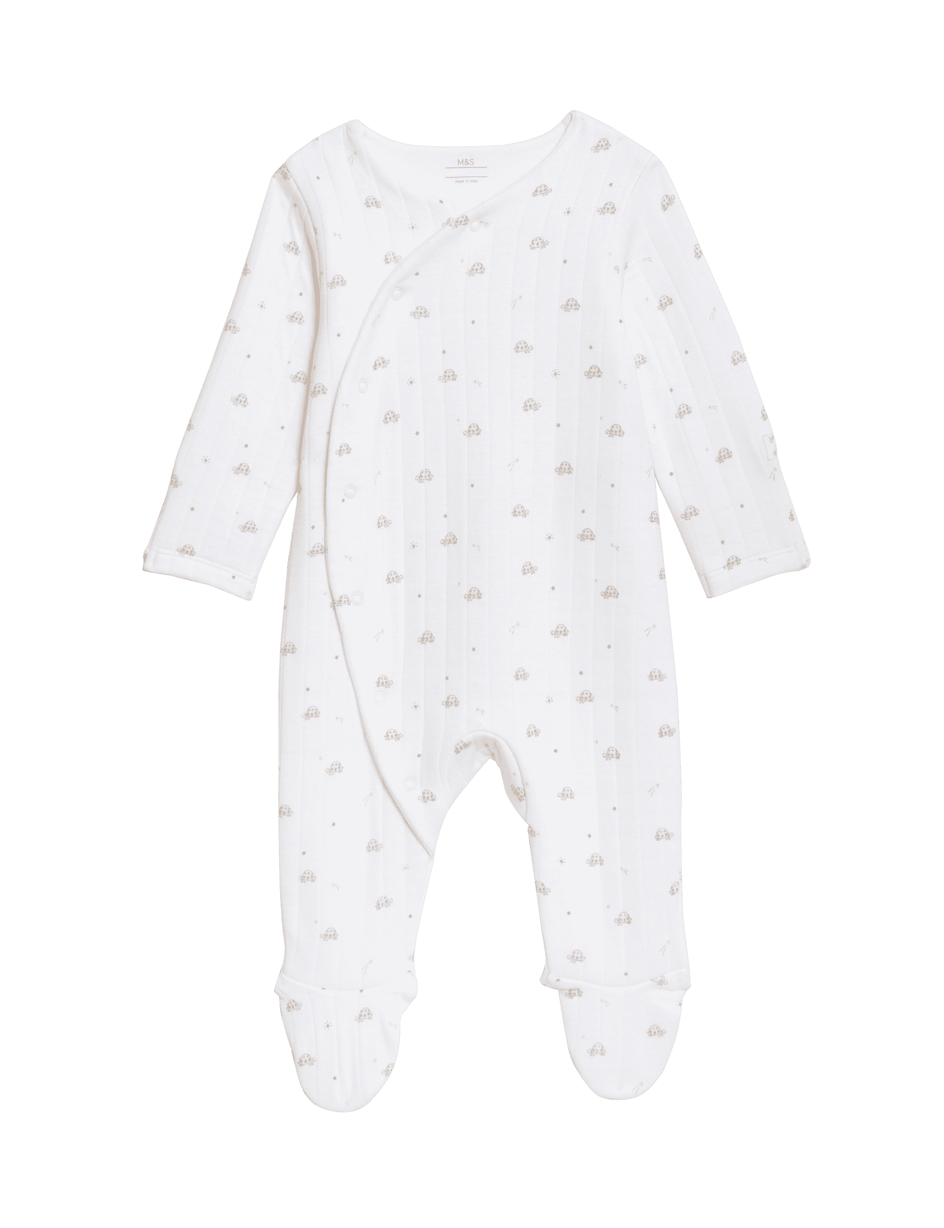 M&S Collection Cotton Rich Turtle Sleepsuit (0-12 Mths) - 9-12M - White Mix, White Mix