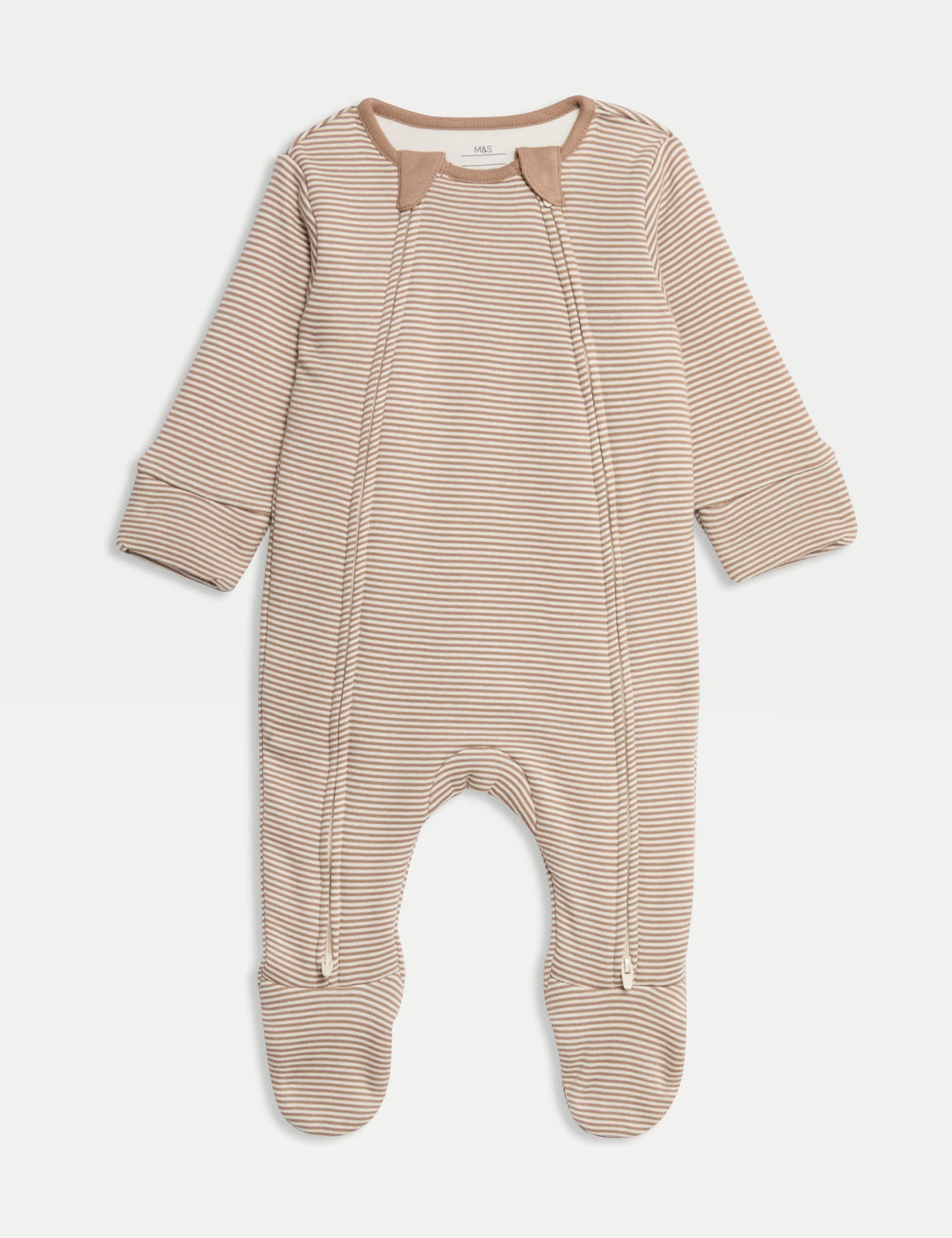 M&S Pure Cotton Striped 2.5 Tog Sleepsuit (0-3 Yrs) - 9-12M - Brown Mix, Brown Mix,Cream Mix