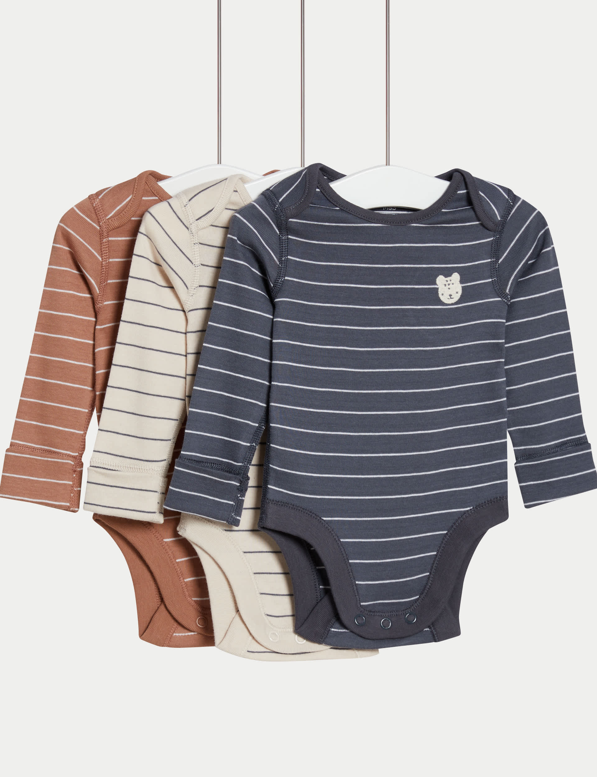 M&S 3pk Pure Cotton Striped & Bear Bodysuits (0-3 Yrs) - 0-3 M - Carbon, Carbon