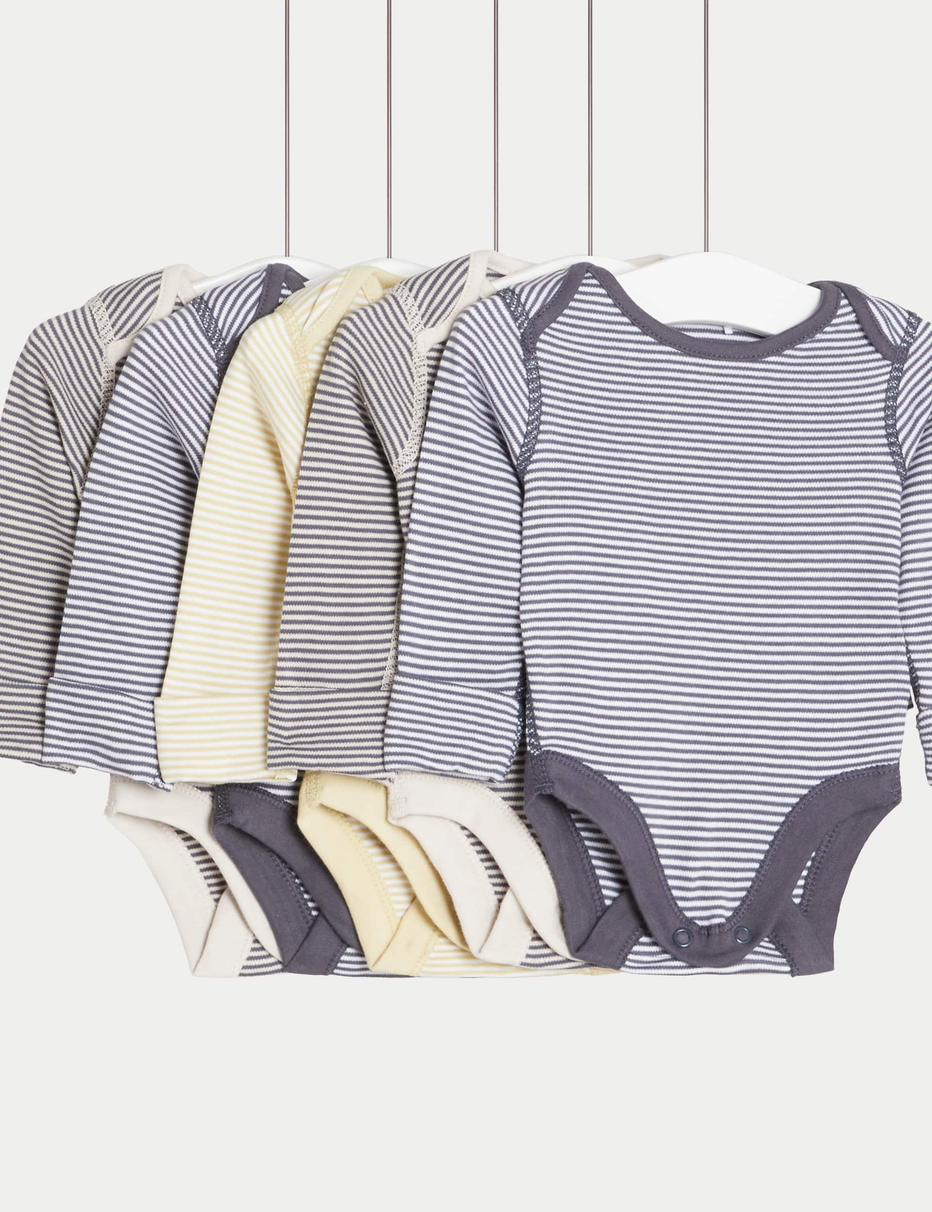 M&S 5pk Pure Cotton Striped Bodysuits (0-3 Yrs) - 0-3 M - Carbon, Carbon