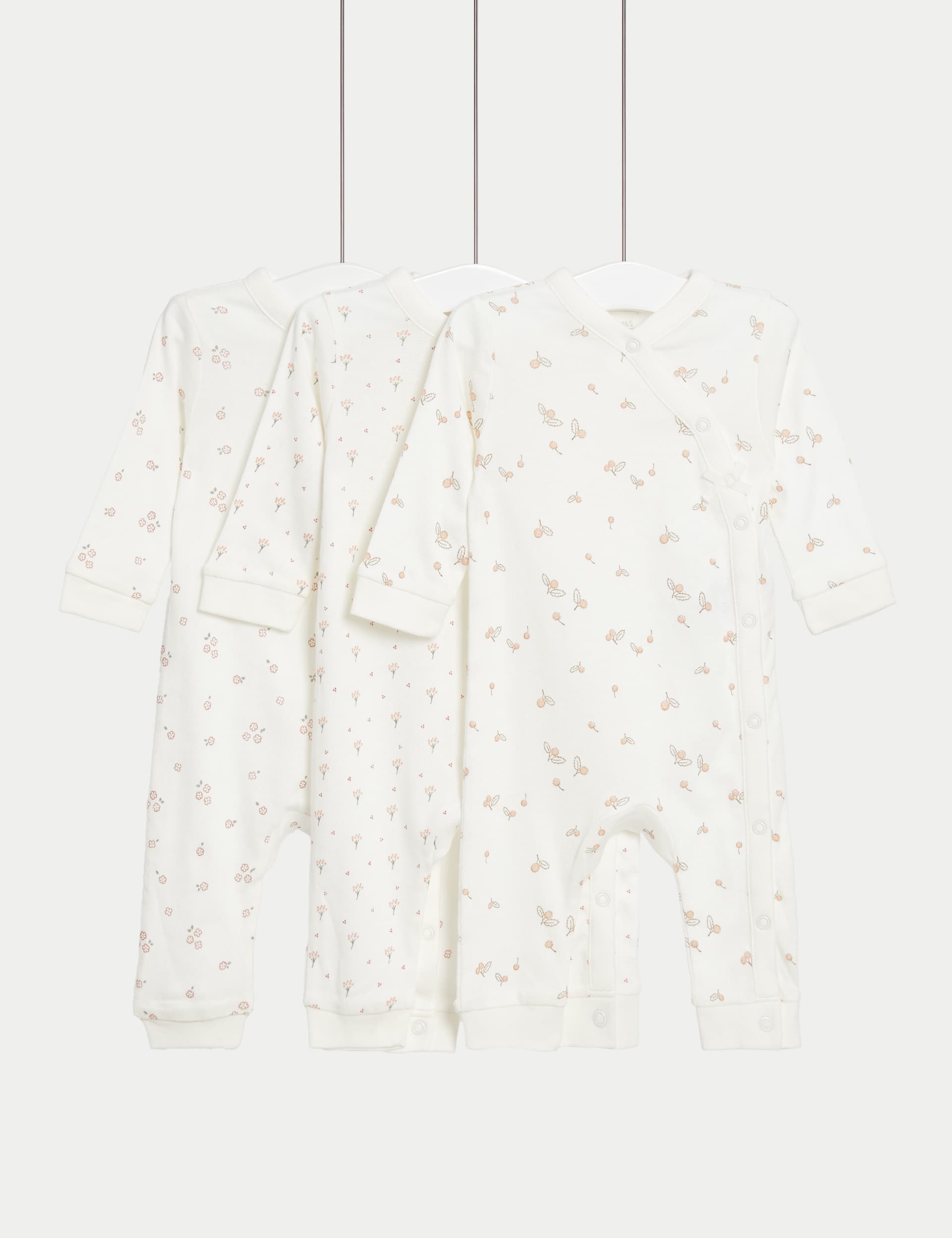 M&S 3pk Pure Cotton Floral Sleepsuits (0-3 Yrs) - 3-6 M - Cream Mix, Cream Mix