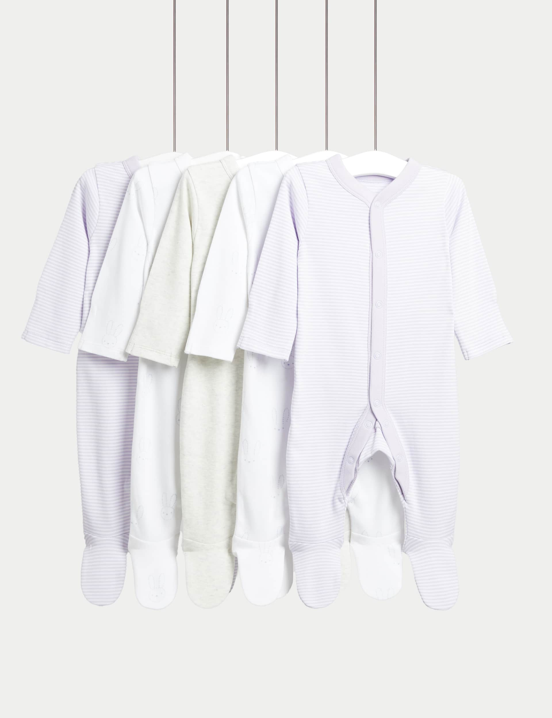 M&S 5pk Pure Cotton Sleepsuits (0-3 Yrs) - 0-3 M - Lilac Mix, Lilac Mix