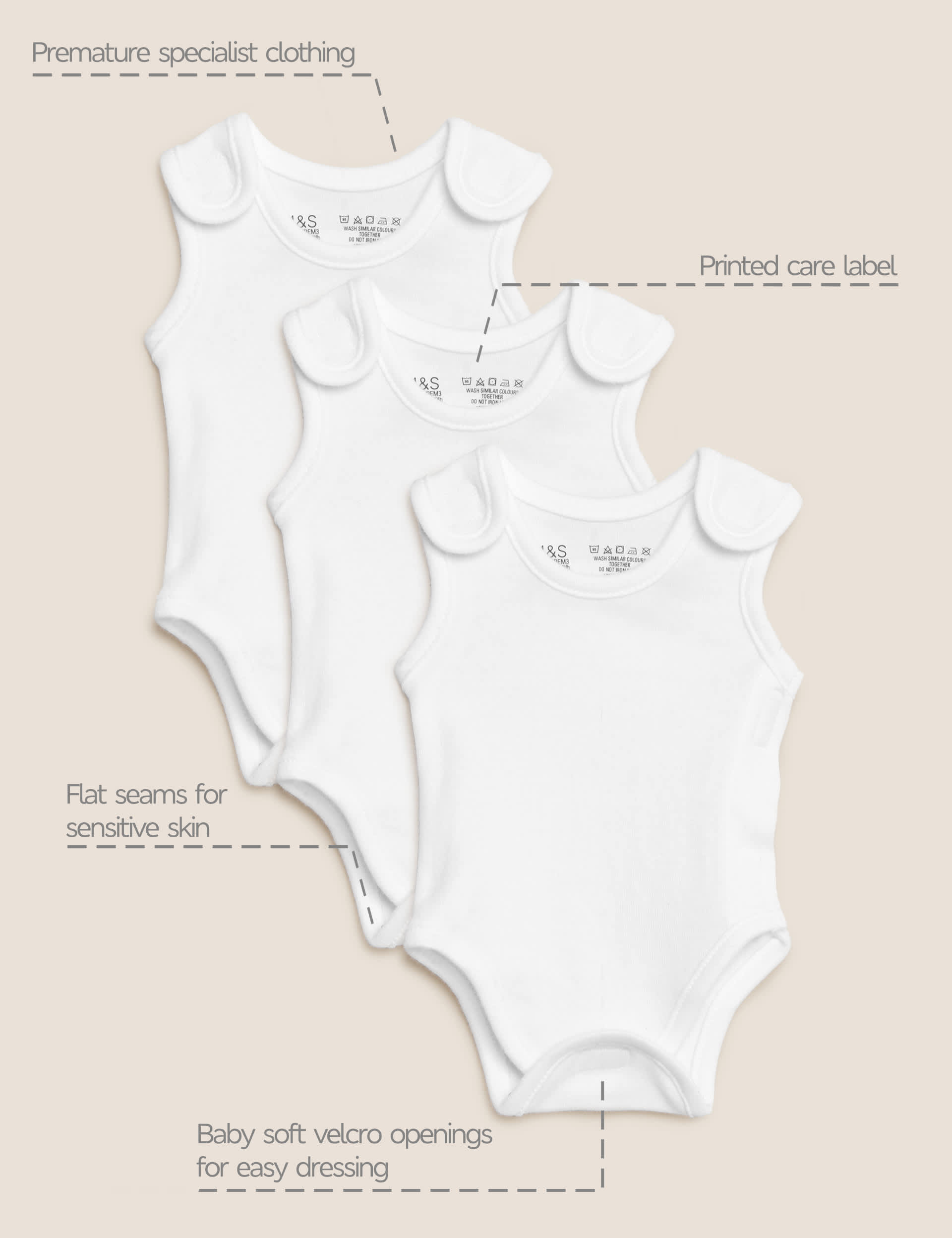 M&S 3pk Pure Cotton Premature Bodysuits (3lbs-4lbs) - PREM4 - White, White