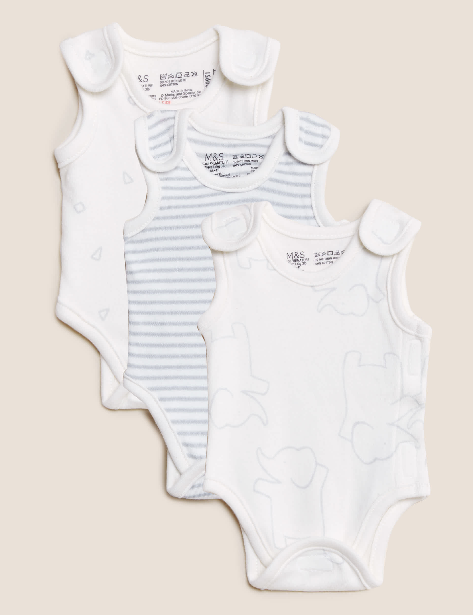 M&S 3pk Pure Cotton Premature Bodysuits (3lbs-4lbs) - PREM3 - White Mix, White Mix