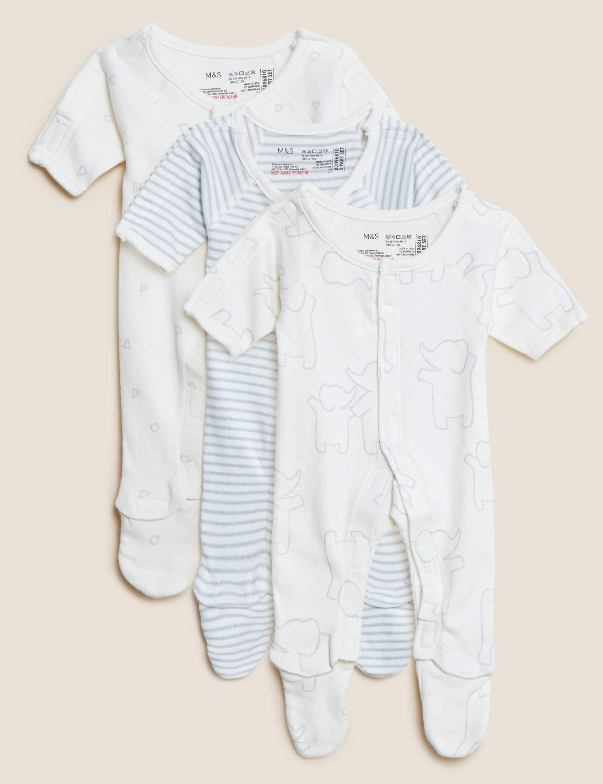 M&S 3pk Pure Cotton Premature Sleepsuits (3lbs-4lbs) - PREM3 - White Mix, White Mix