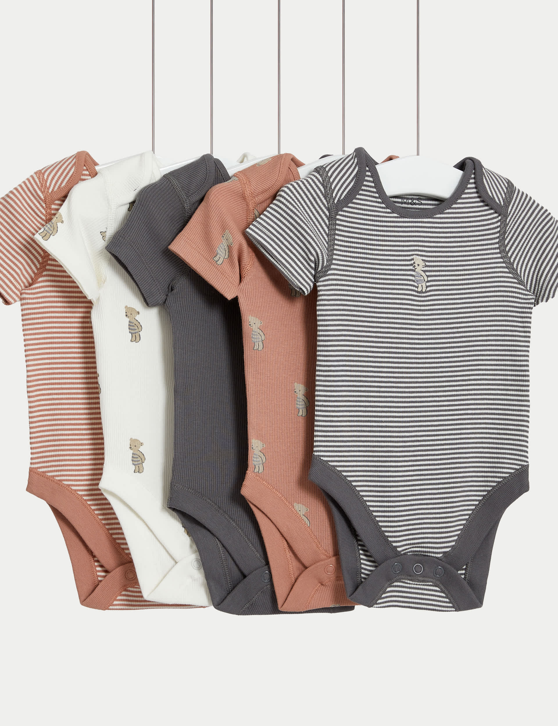 M&S 5pk Cotton Rich Bear & Striped Bodysuits (6lbs-3 Yrs) - 12-18 - Sandstone, Sandstone