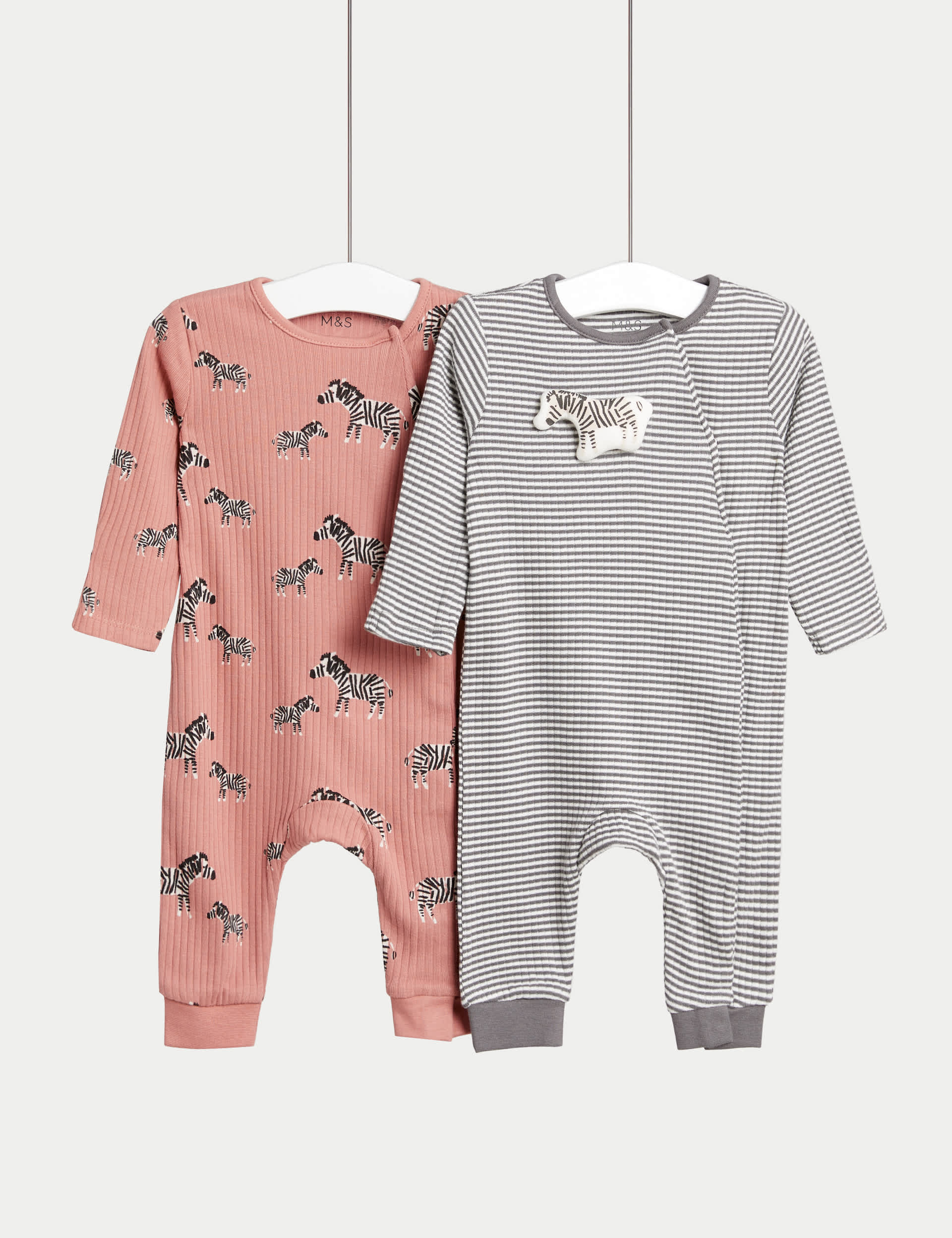 M&S 2pk Pure Cotton Striped Zebra Sleepsuits (6lbs-3 Yrs) - 0-3 M - Sandstone, Sandstone