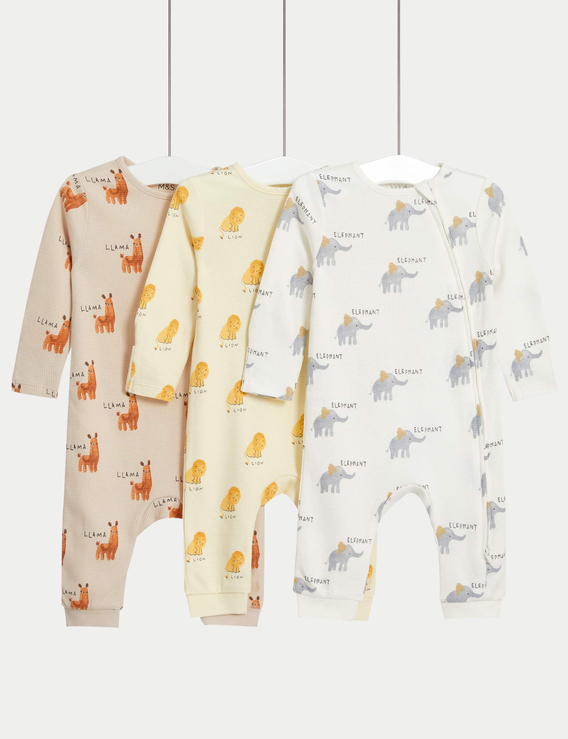 M&S 3pk Pure Cotton Safari Sleepsuits (6lbs-3 Yrs) - TINY - Yellow Mix, Yellow Mix