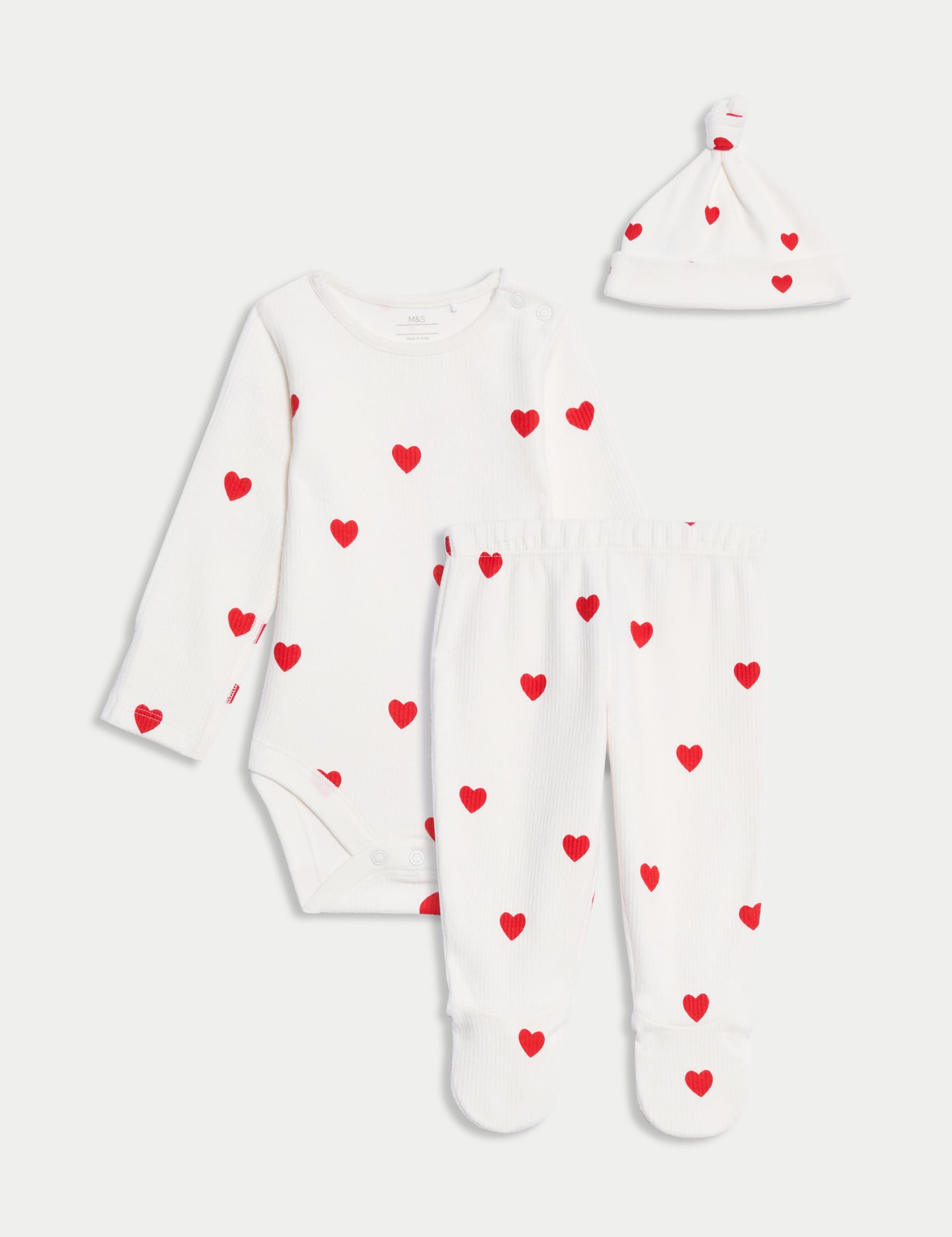 M&S Collection 3pc Pure Cotton Heart Outfit (7lbs-12 Mths) - 3-6 M - Red Mix, Red Mix